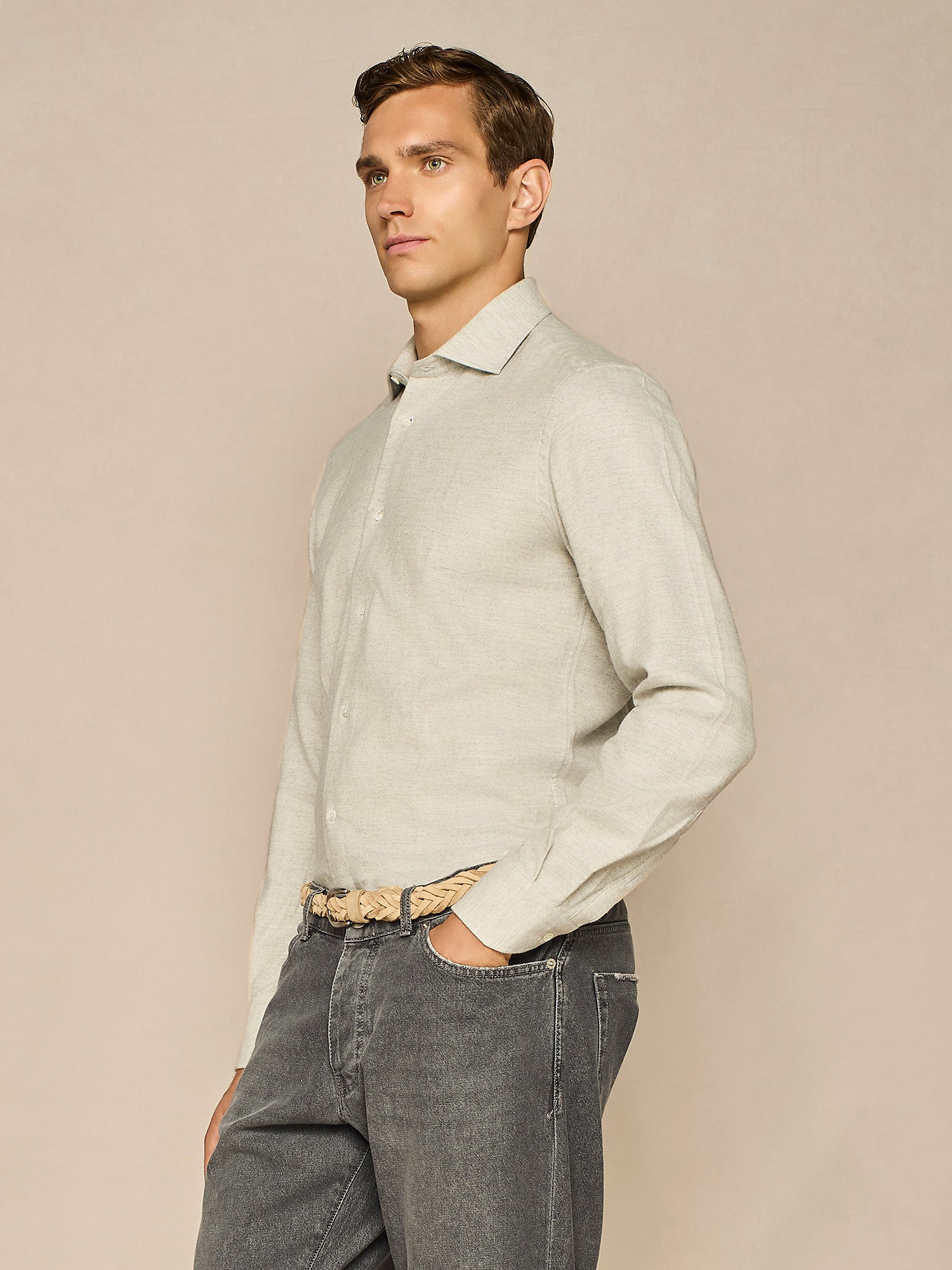 LIGHT GREY HERRINGBONE FLANNEL SHIRT