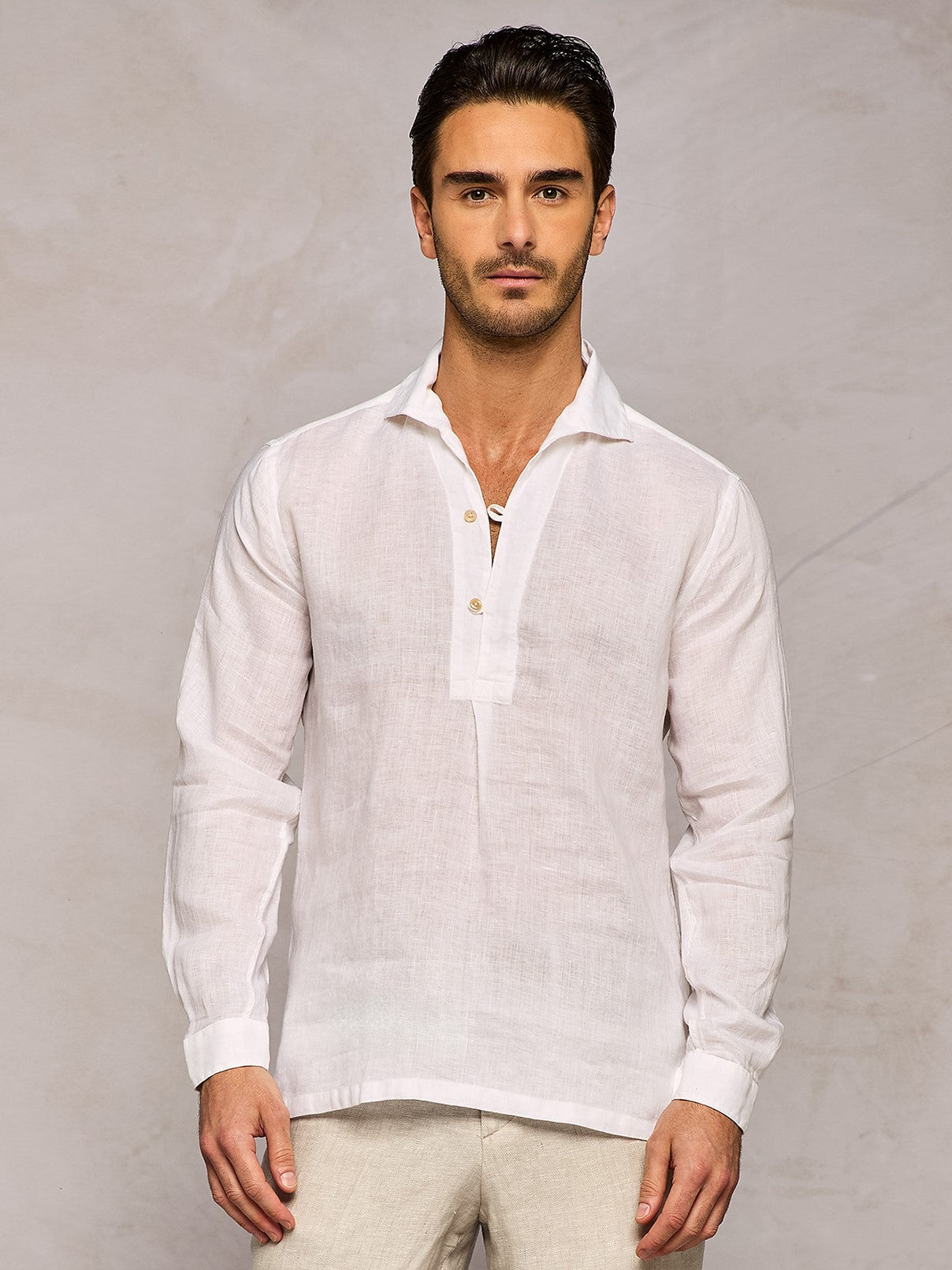 WHITE HALF PLACKET LINEN SHIRT
