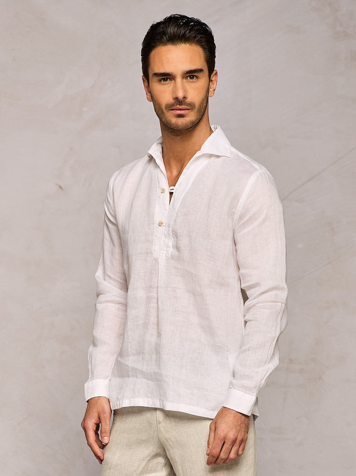 WHITE HALF PLACKET LINEN SHIRT