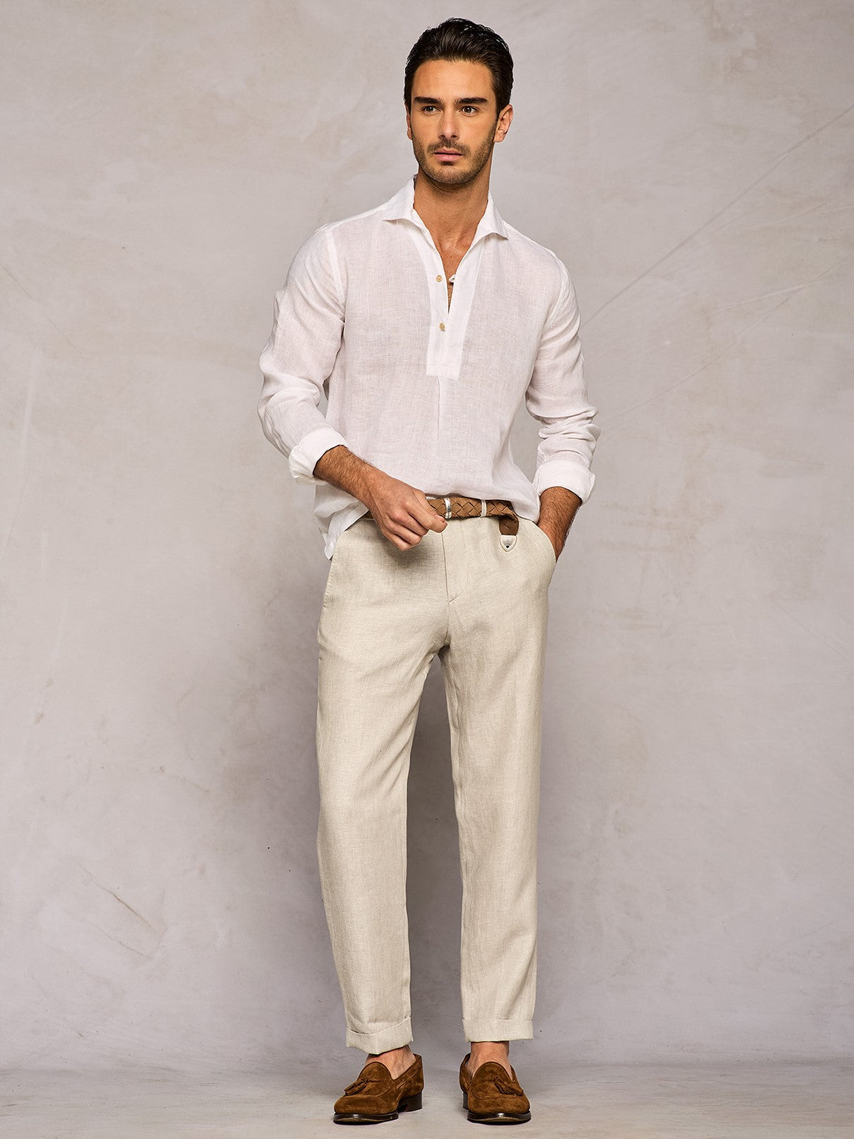 WHITE HALF PLACKET LINEN SHIRT