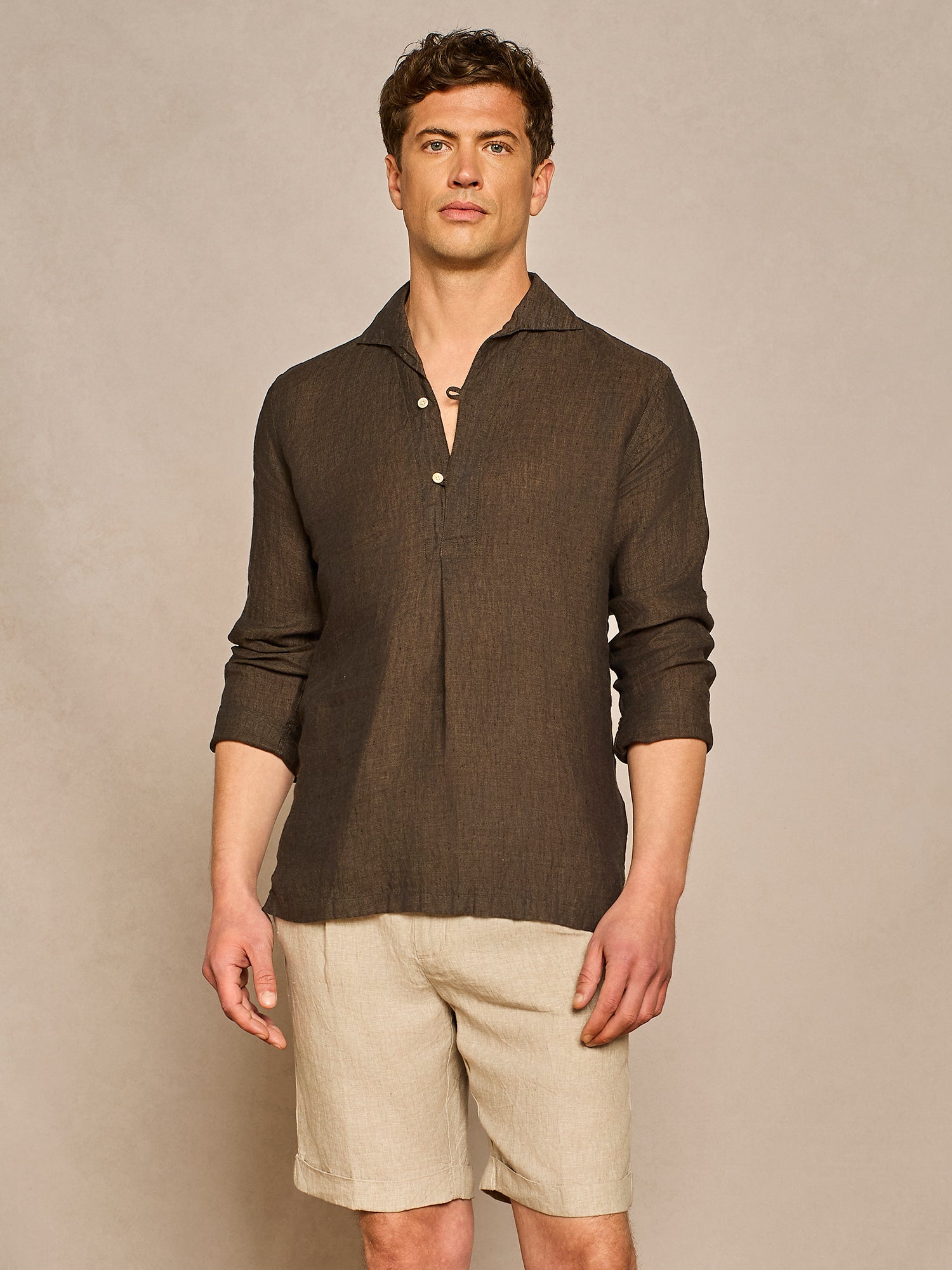 BROWN HALF PLACKET LINEN SHIRT