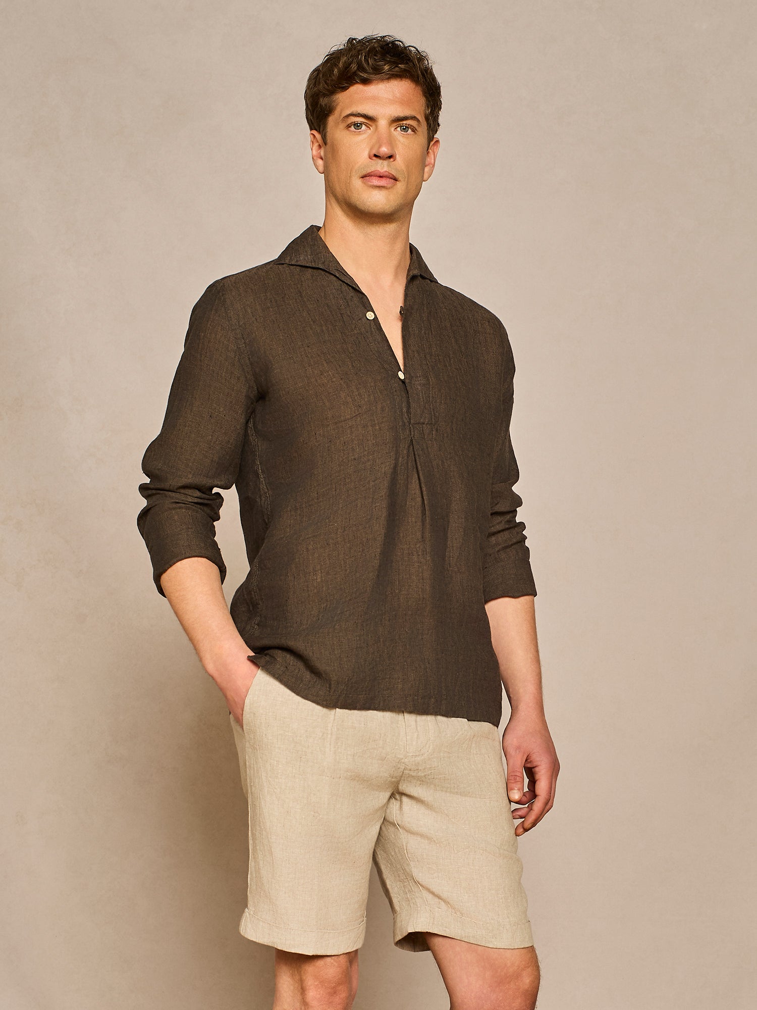 BROWN HALF PLACKET LINEN SHIRT