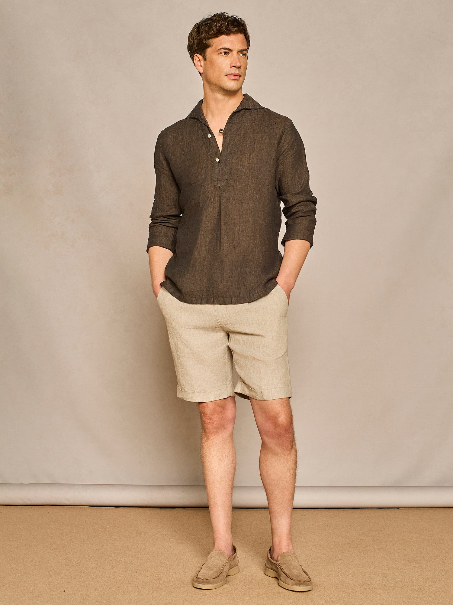 BROWN HALF PLACKET LINEN SHIRT