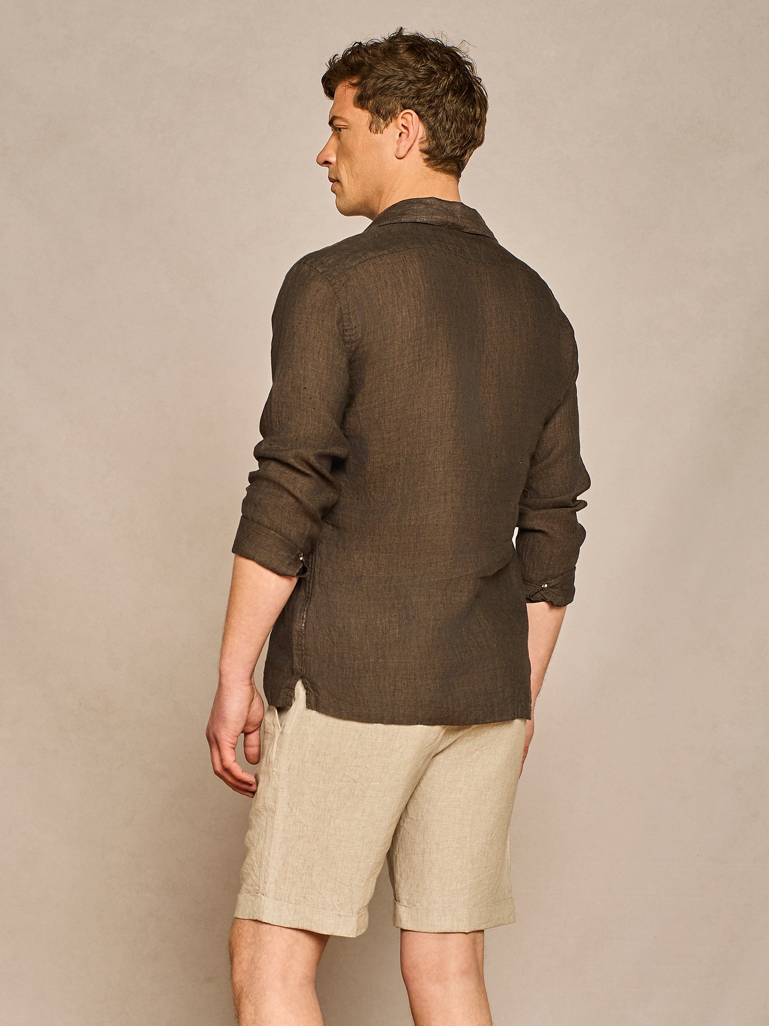 BROWN HALF PLACKET LINEN SHIRT