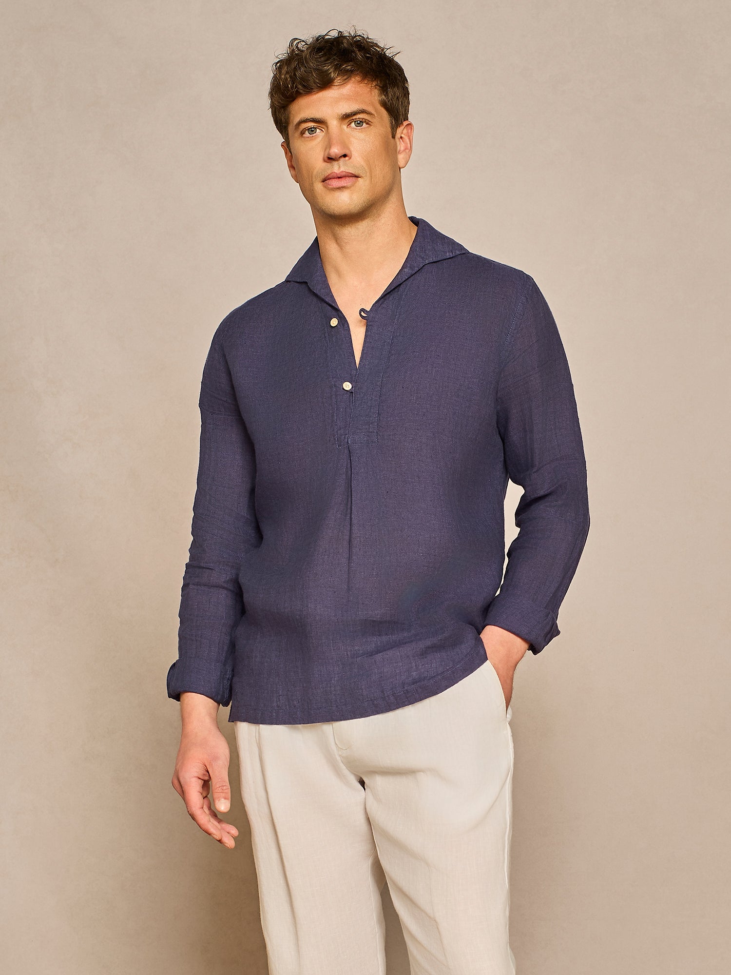 DENIM HALF PLACKET LINEN SHIRT