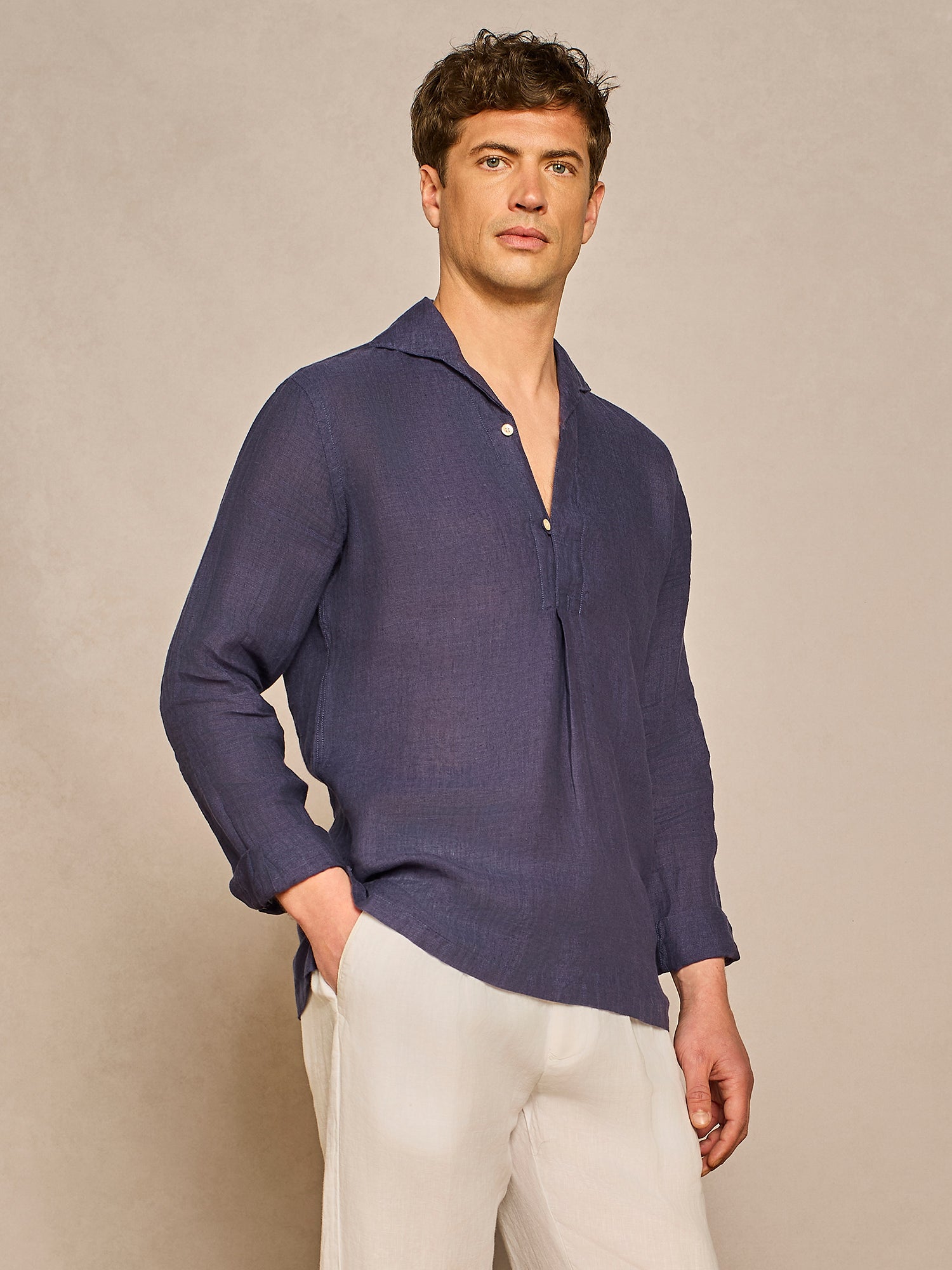 DENIM HALF PLACKET LINEN SHIRT