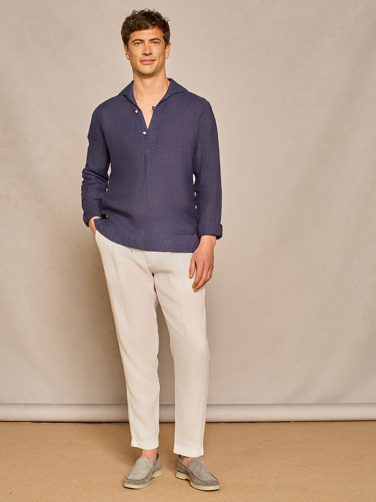 DENIM HALF PLACKET LINEN SHIRT