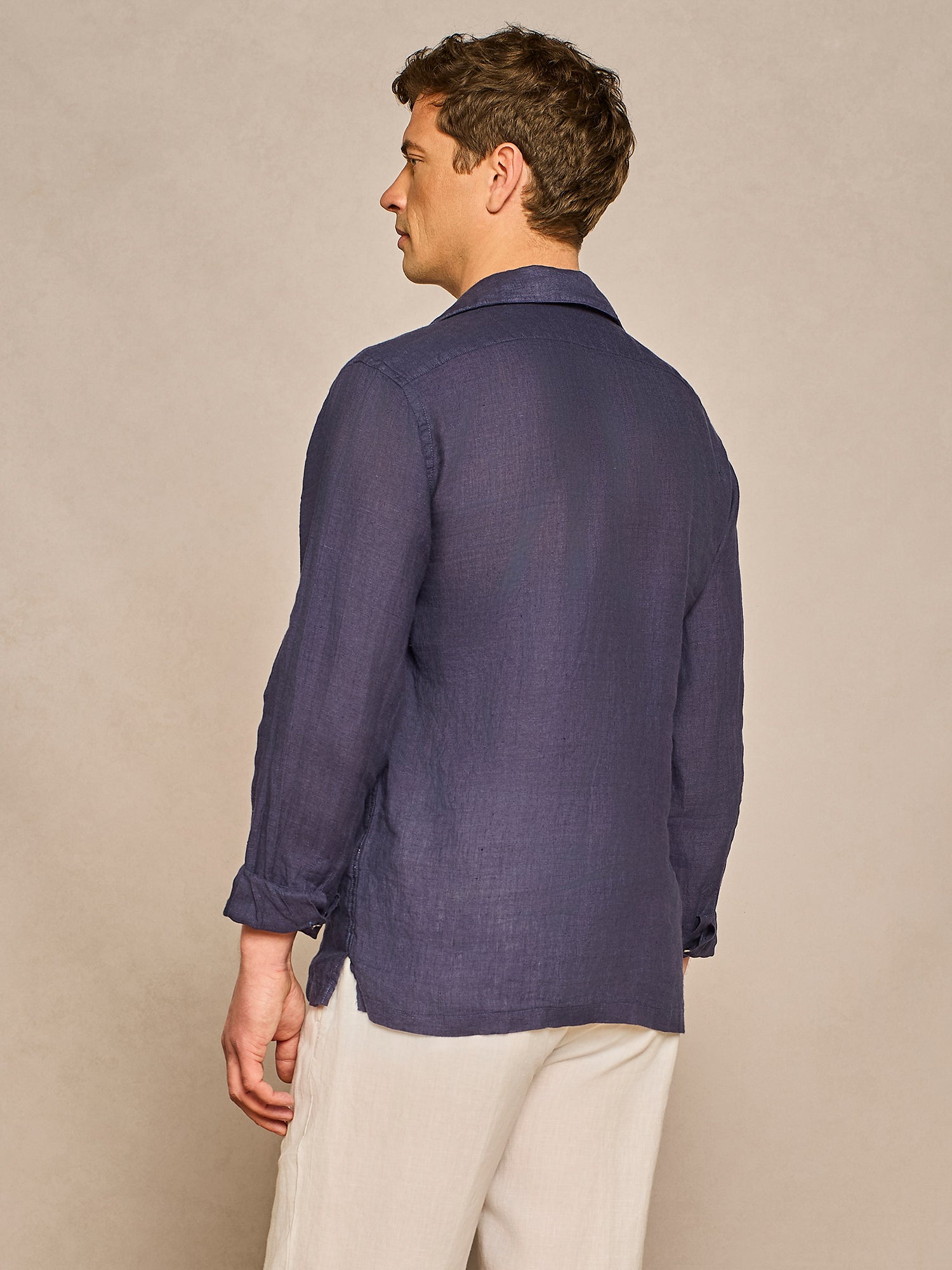 DENIM HALF PLACKET LINEN SHIRT