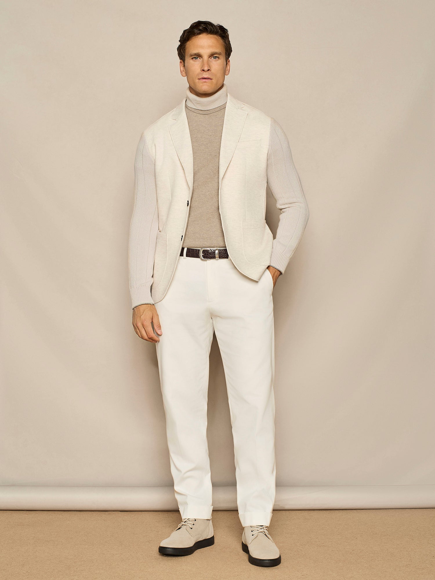 BEIGE JERSEY JACKET WITH KNITTED SLEEVES