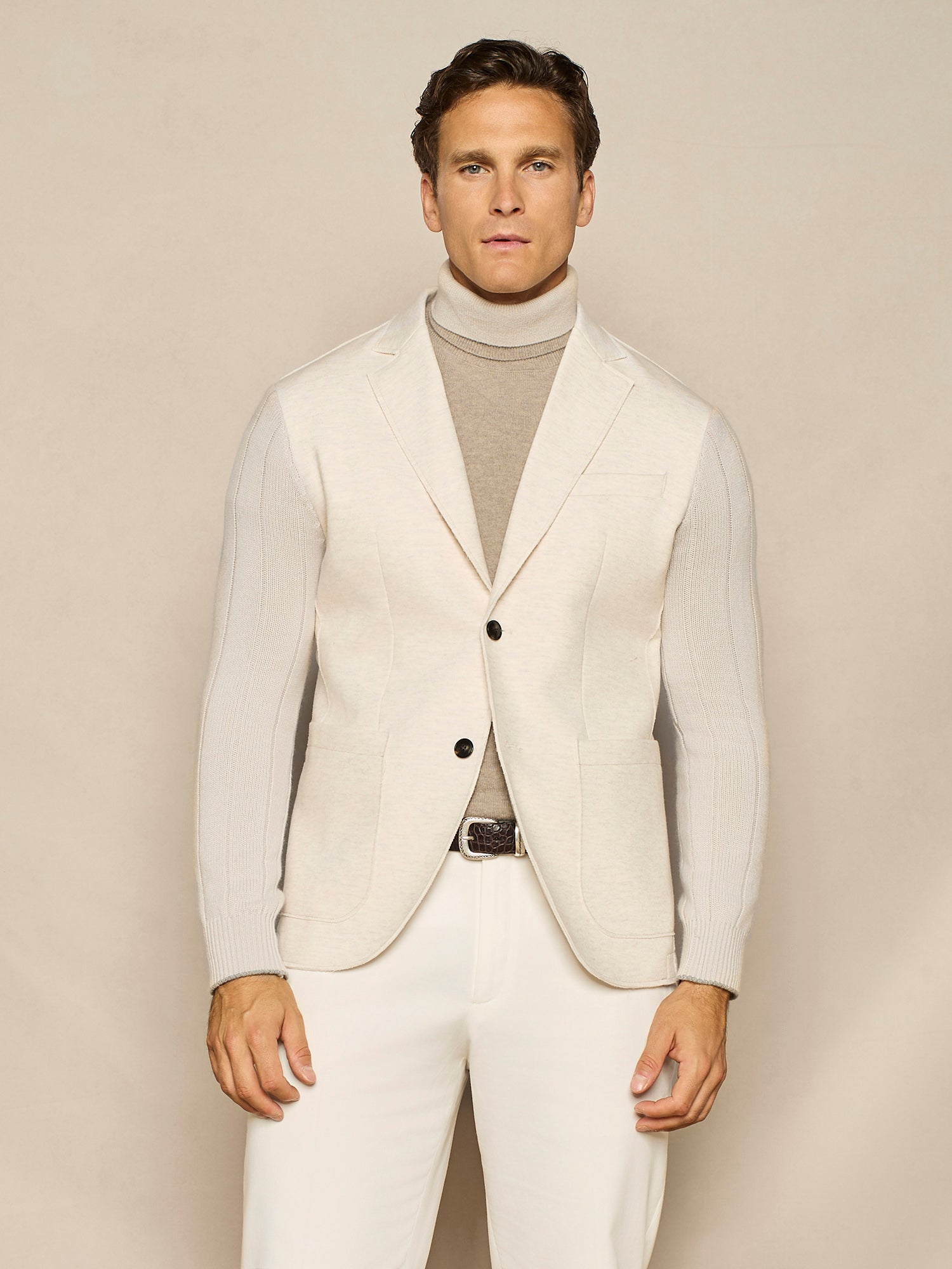 BEIGE JERSEY JACKET WITH KNITTED SLEEVES