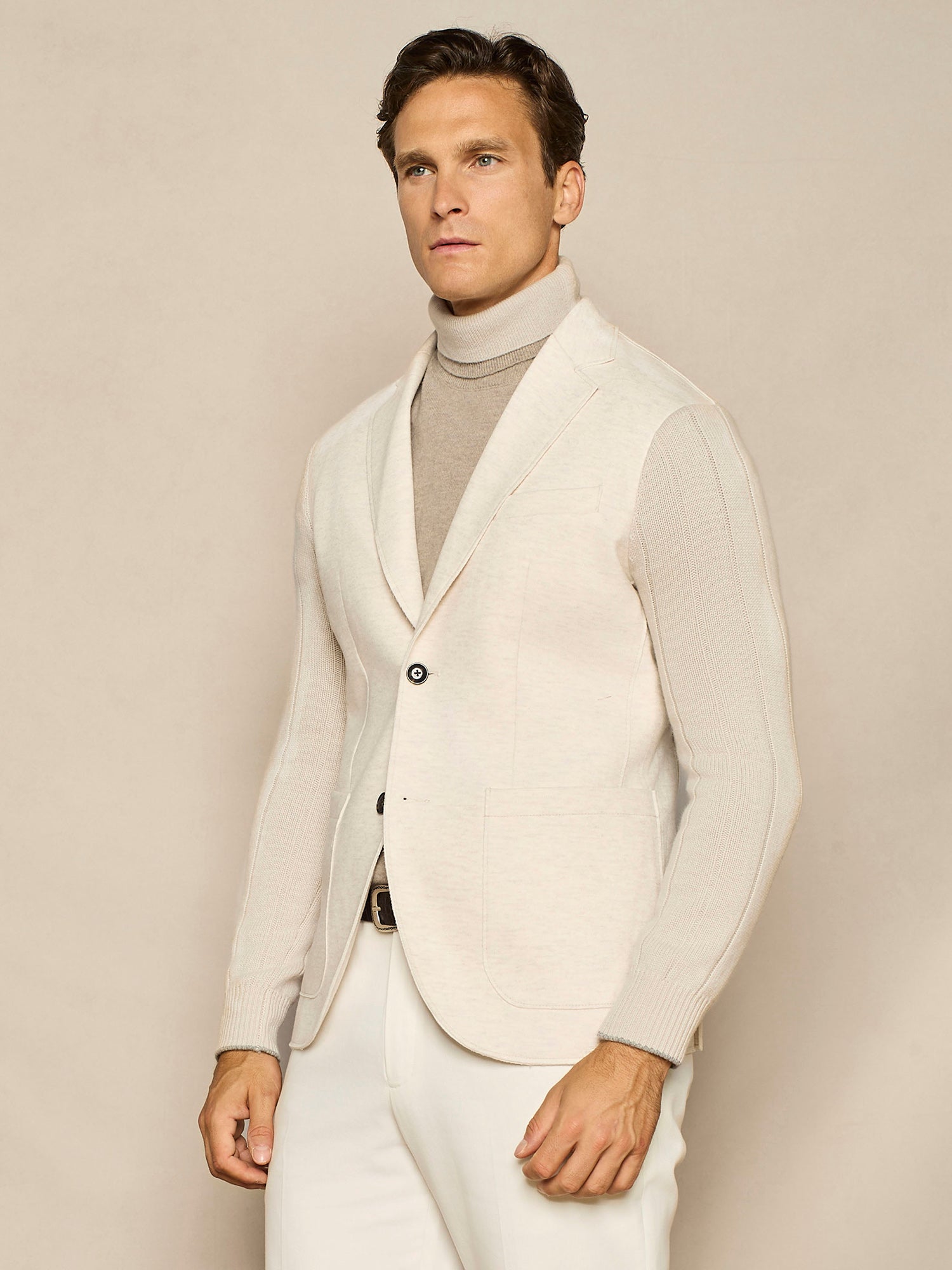 BEIGE JERSEY JACKET WITH KNITTED SLEEVES