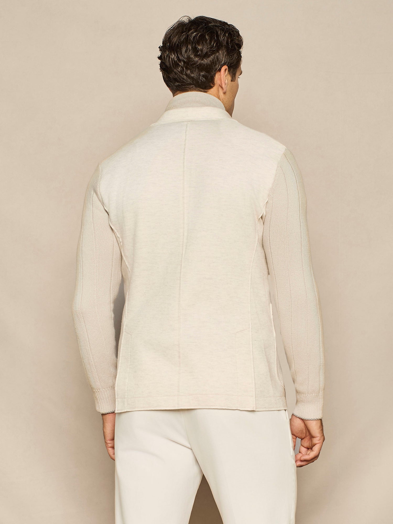 BEIGE JERSEY JACKET WITH KNITTED SLEEVES