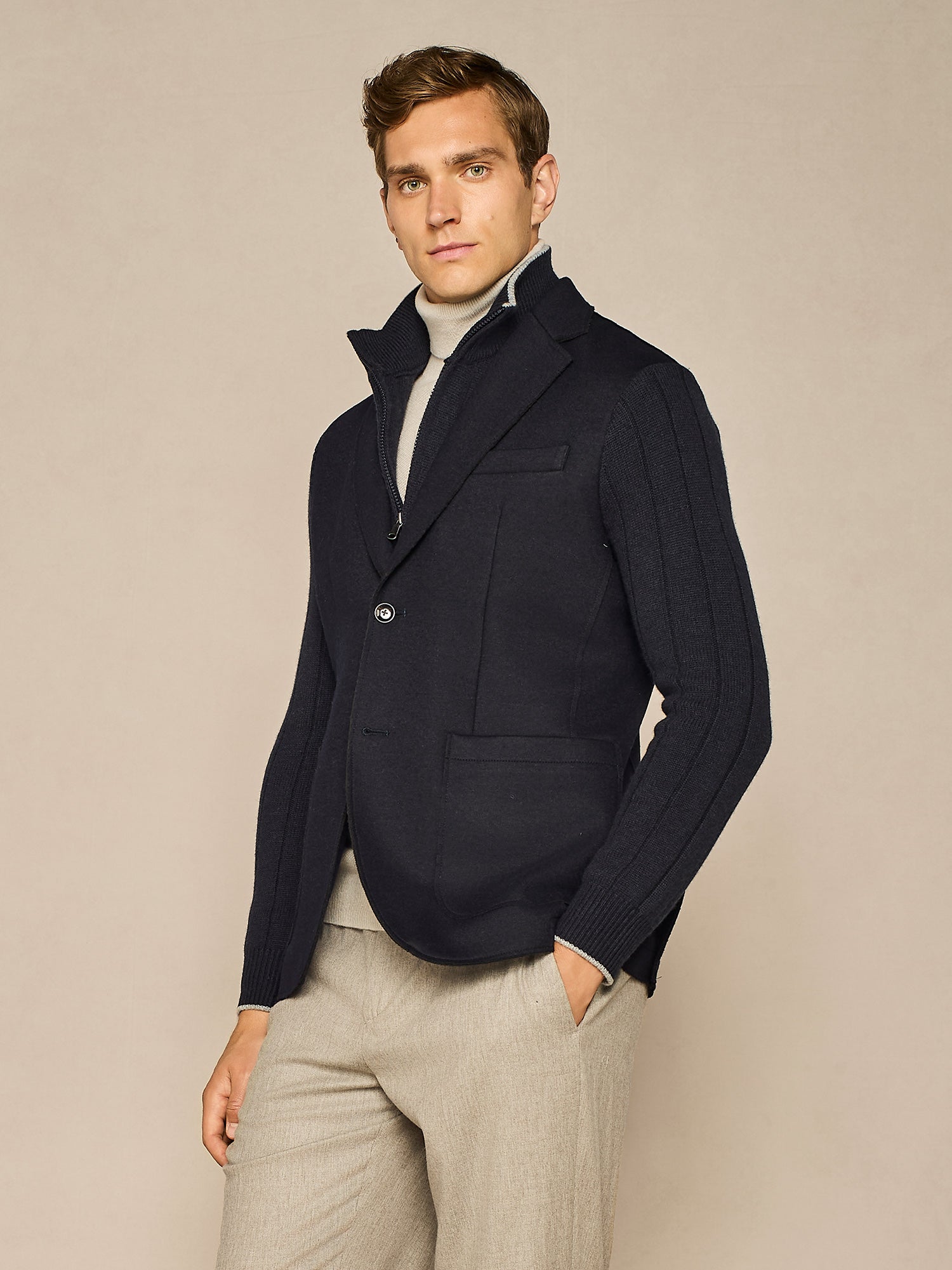 BLUE JERSEY JACKET WITH KNITTED BIB AND SLEEVES