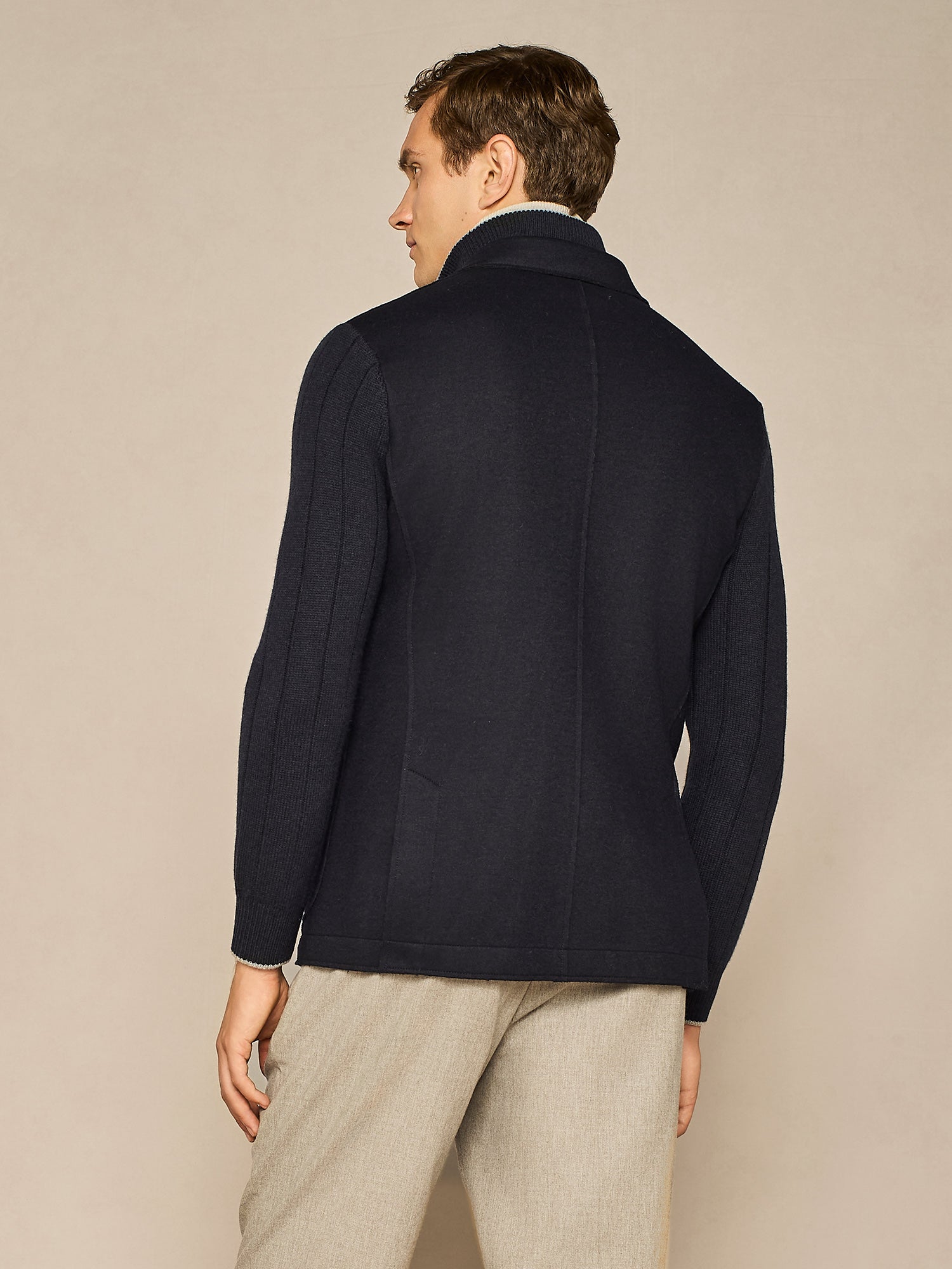 BLUE JERSEY JACKET WITH KNITTED BIB AND SLEEVES