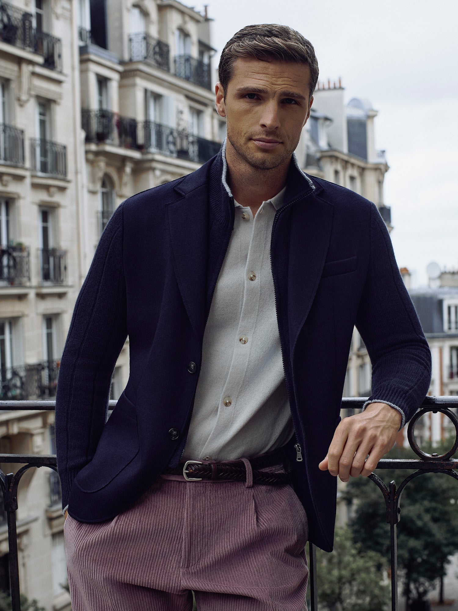 BLUE JERSEY JACKET WITH KNITTED BIB AND SLEEVES