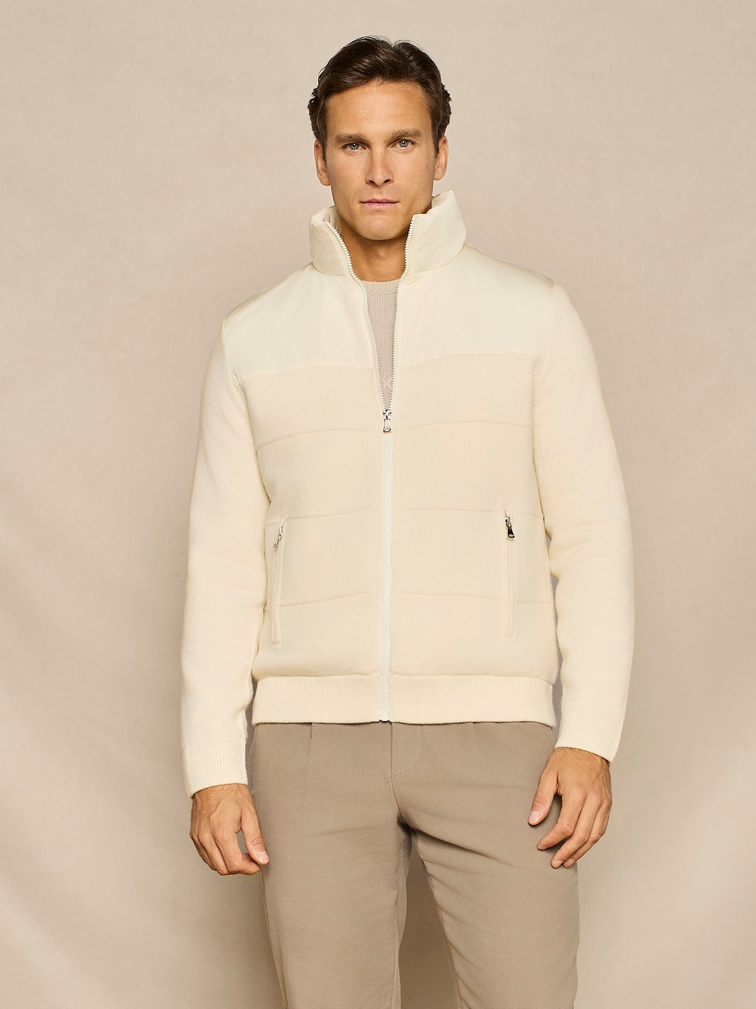 OFF WHITE PADDED JACKET NYLON AND PURE WOOL KNITTED