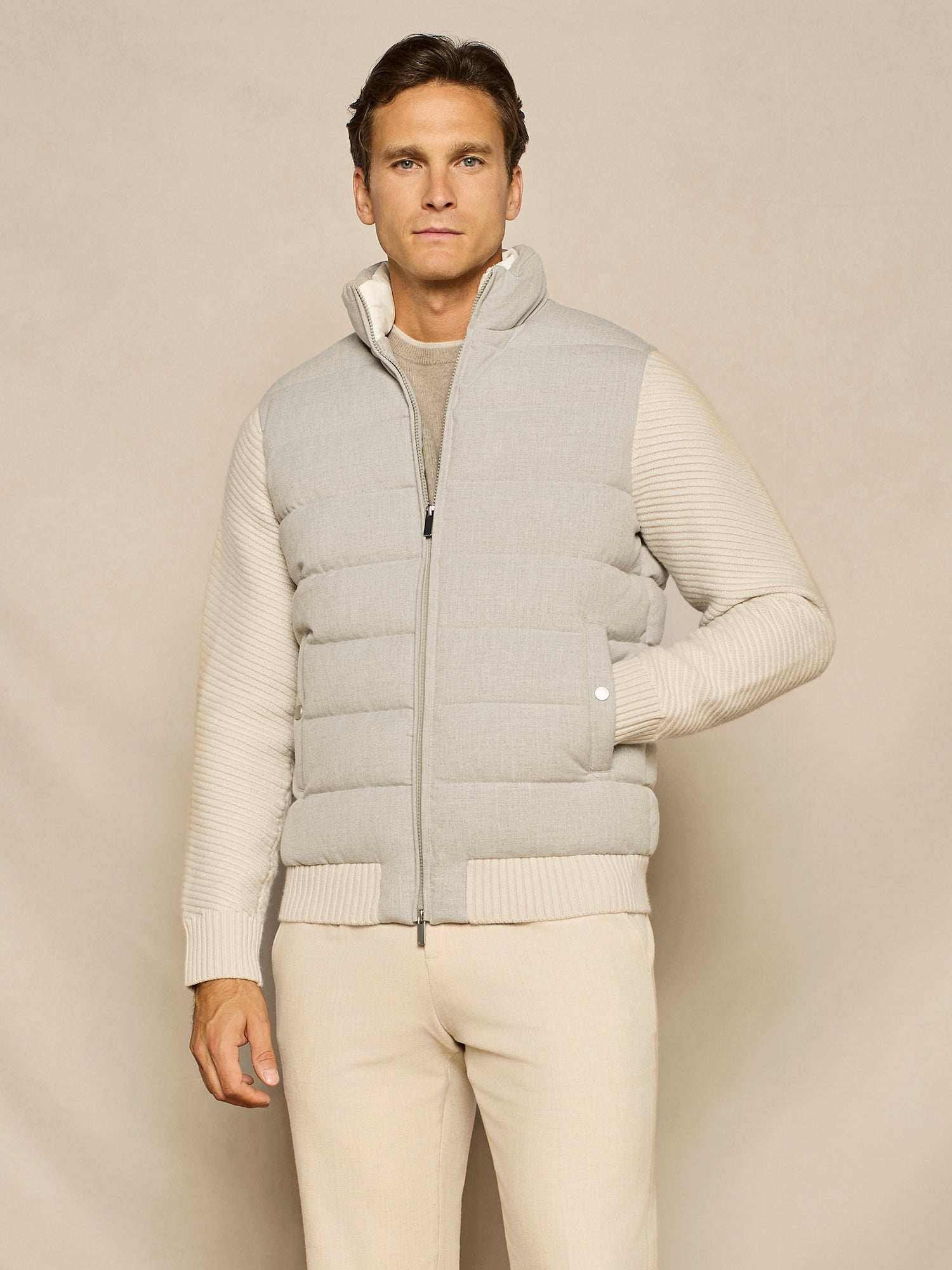LIGHT GREY FLANNEL OVERJACKET WITH KNITTED SLEEVES