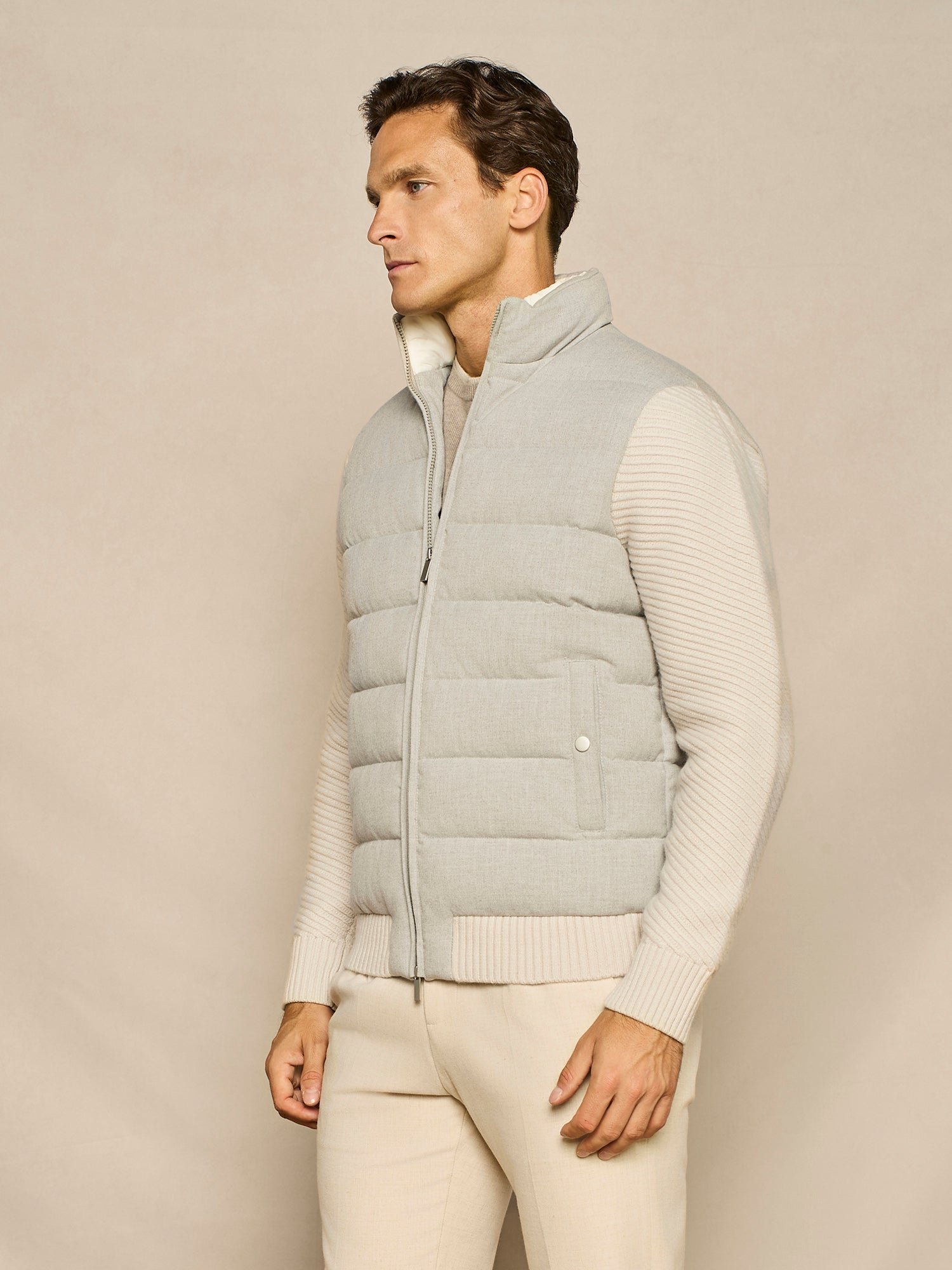 LIGHT GREY FLANNEL OVERJACKET WITH KNITTED SLEEVES