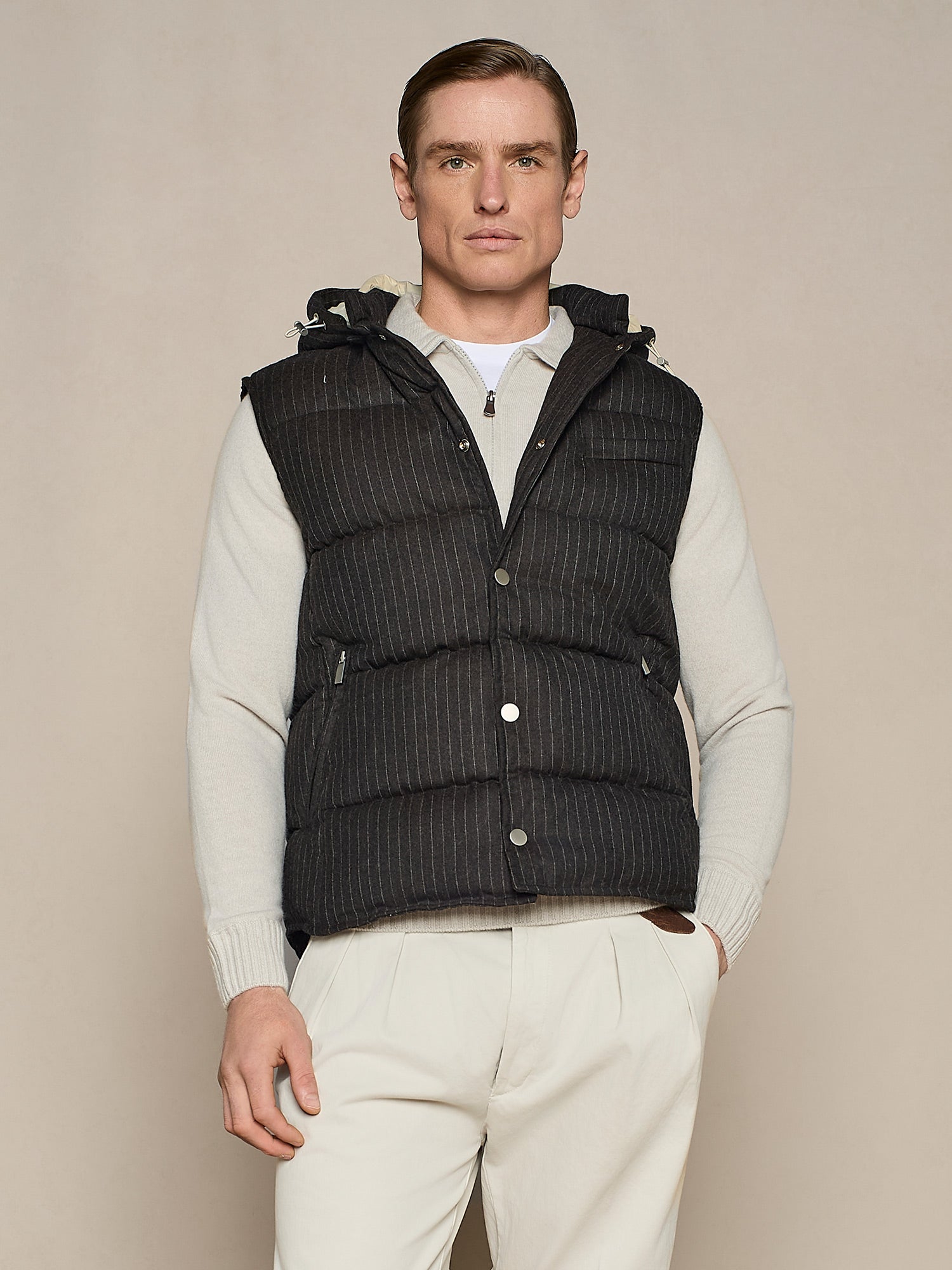 CHOCOLATE PINSTRIPED PADDED VEST