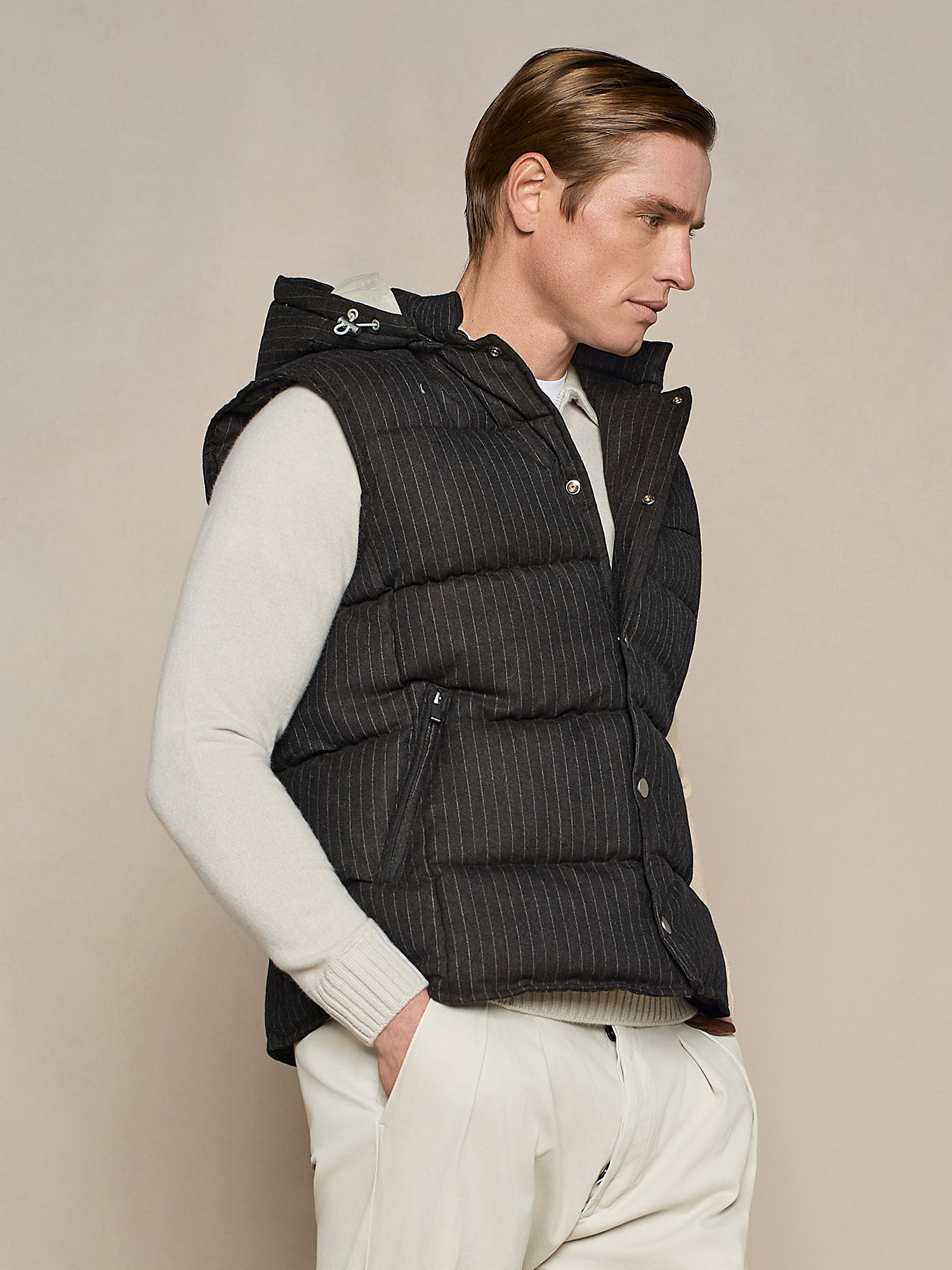 CHOCOLATE PINSTRIPED PADDED VEST