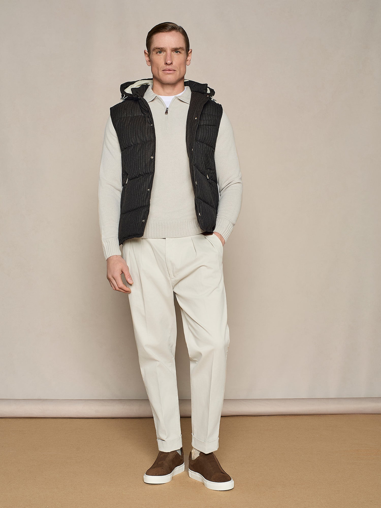 CHOCOLATE PINSTRIPED PADDED VEST