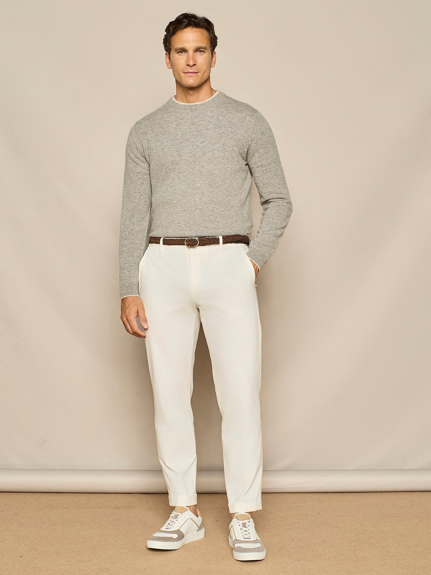 GREY MELANGE CASHMERE BLEND ROUND NECK SWEATER