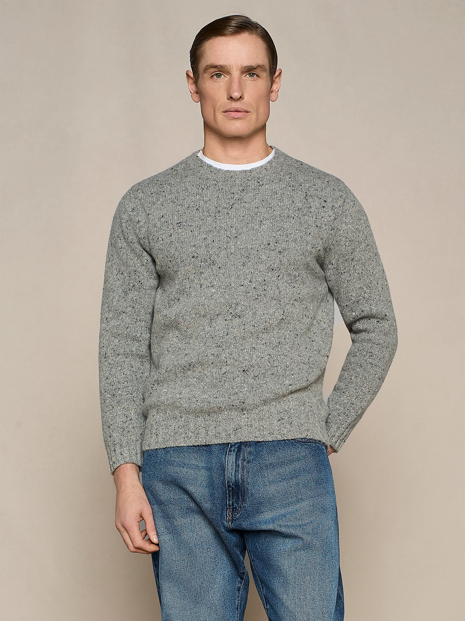 GREY MELANGE BUTTONED WOOL BLEND ROUND NECK SWEATER