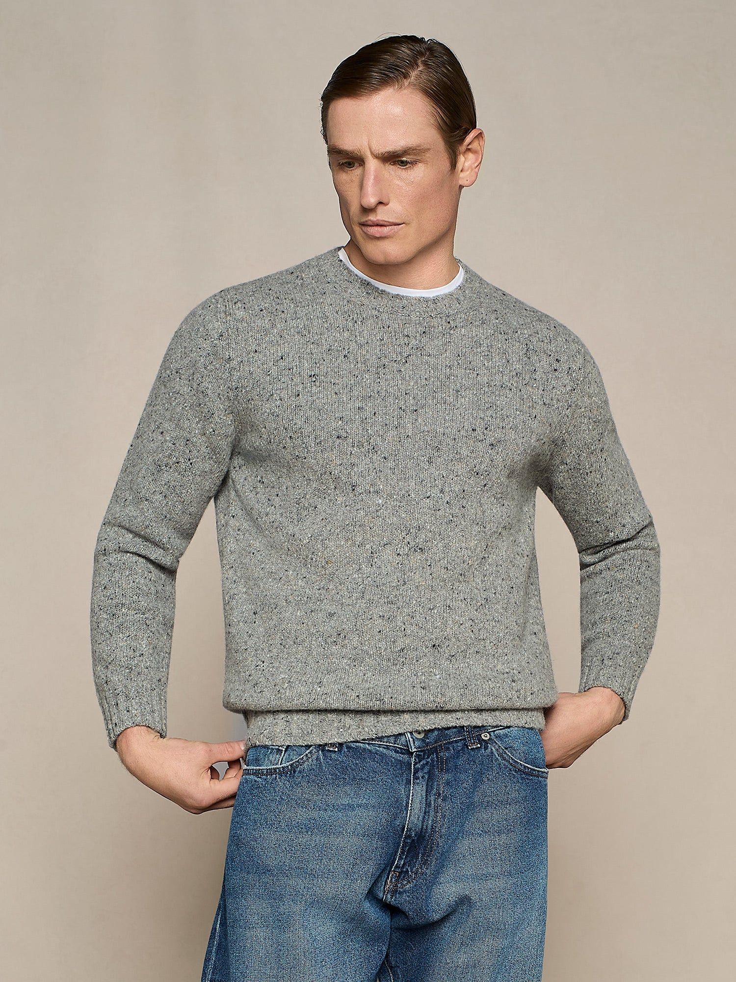 GREY MELANGE BUTTONED WOOL BLEND ROUND NECK SWEATER