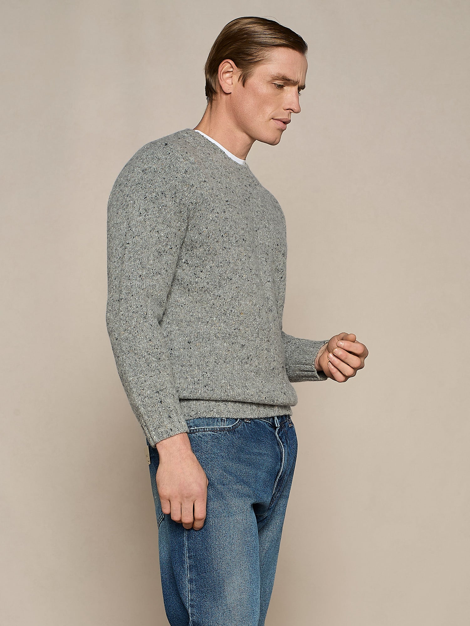 GREY MELANGE BUTTONED WOOL BLEND ROUND NECK SWEATER