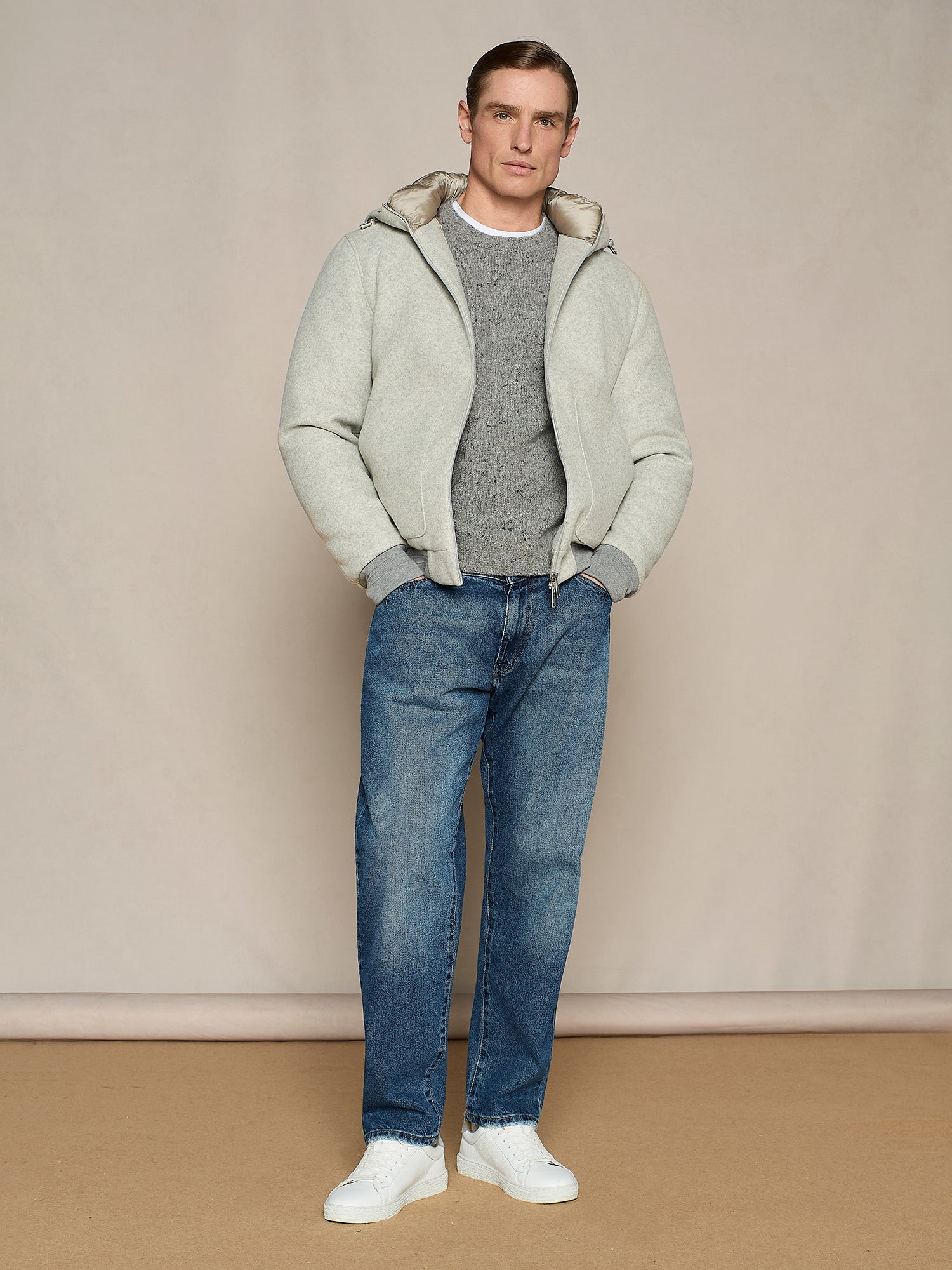 GREY MELANGE BUTTONED WOOL BLEND ROUND NECK SWEATER