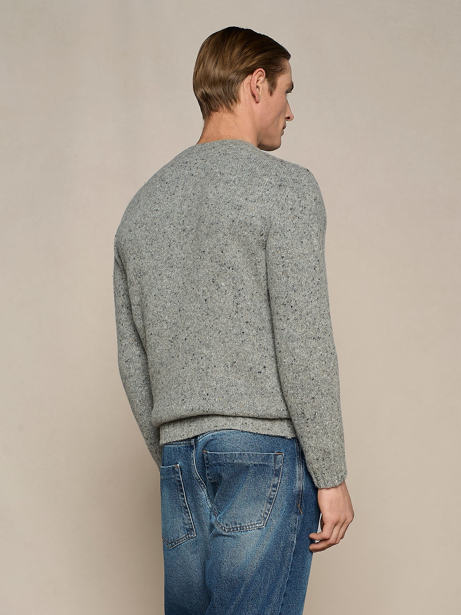 GREY MELANGE BUTTONED WOOL BLEND ROUND NECK SWEATER