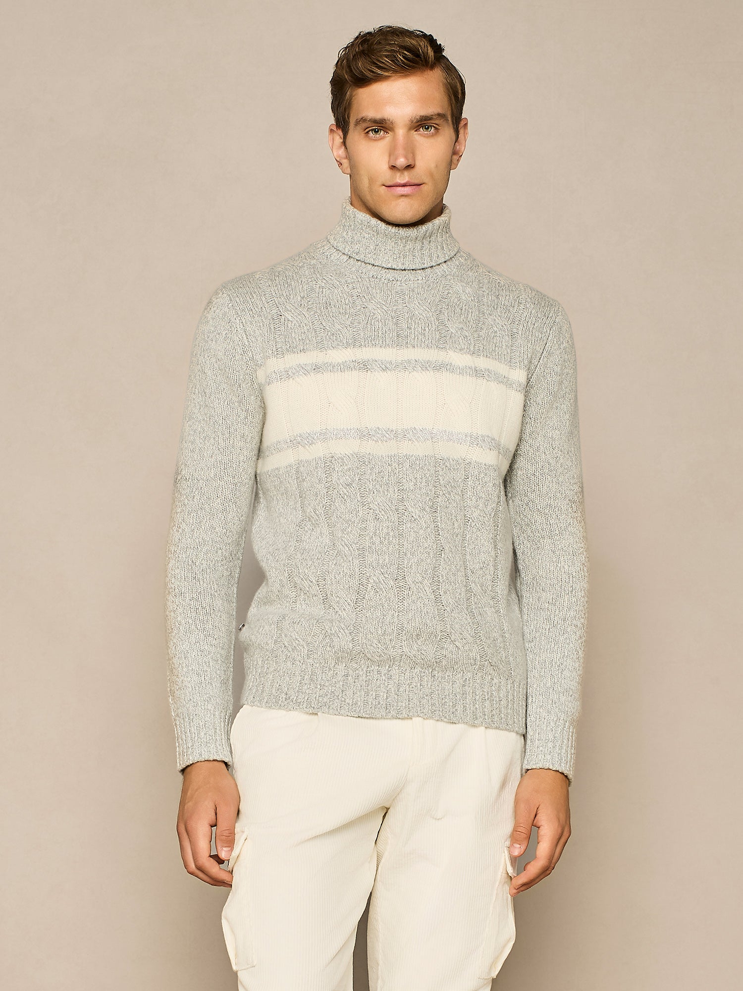 LIGHT GREY MELANGE WOOL BLEND CABLE MOULINE' TURTLENECK
