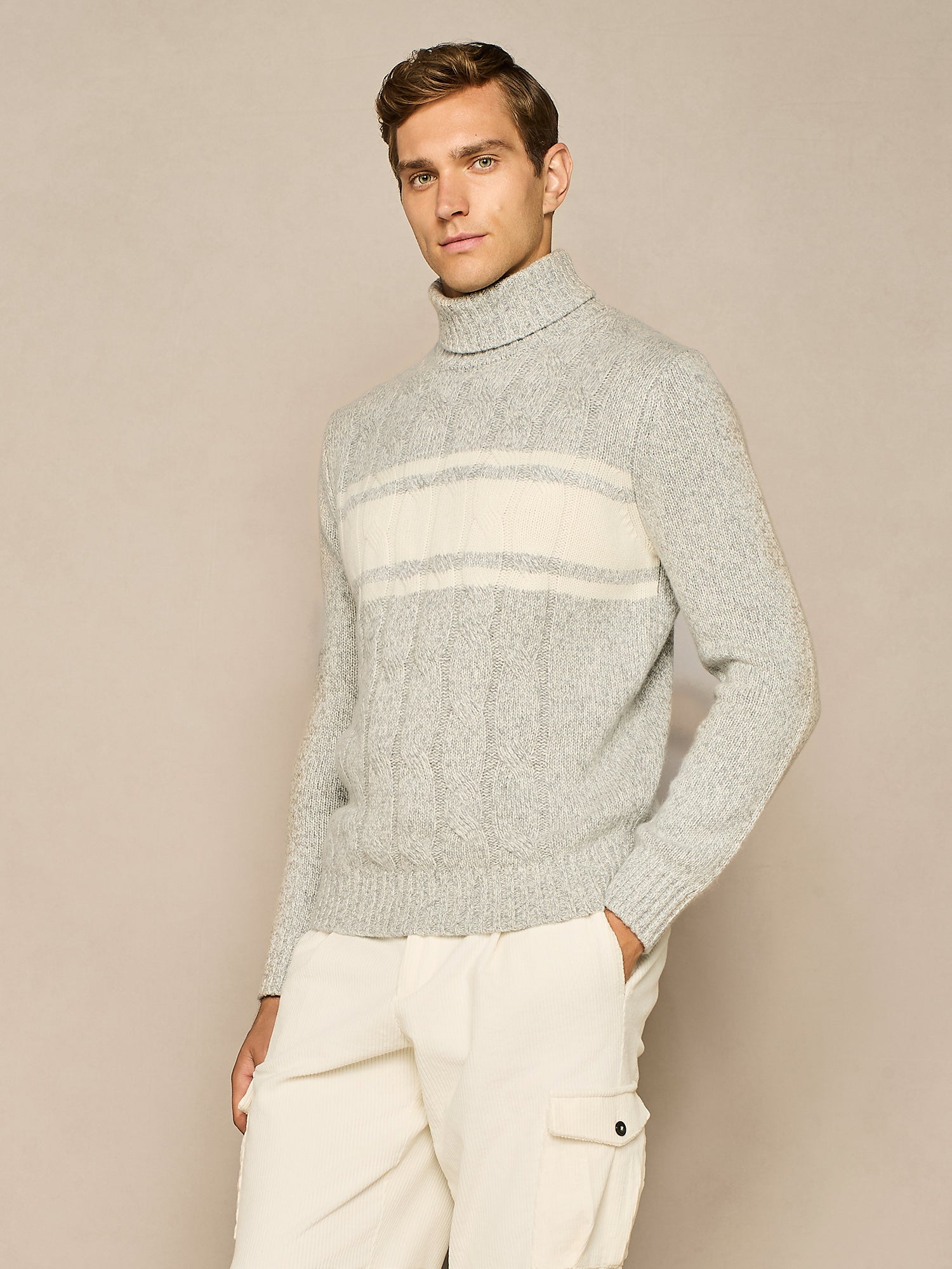 LIGHT GREY MELANGE WOOL BLEND CABLE MOULINE' TURTLENECK