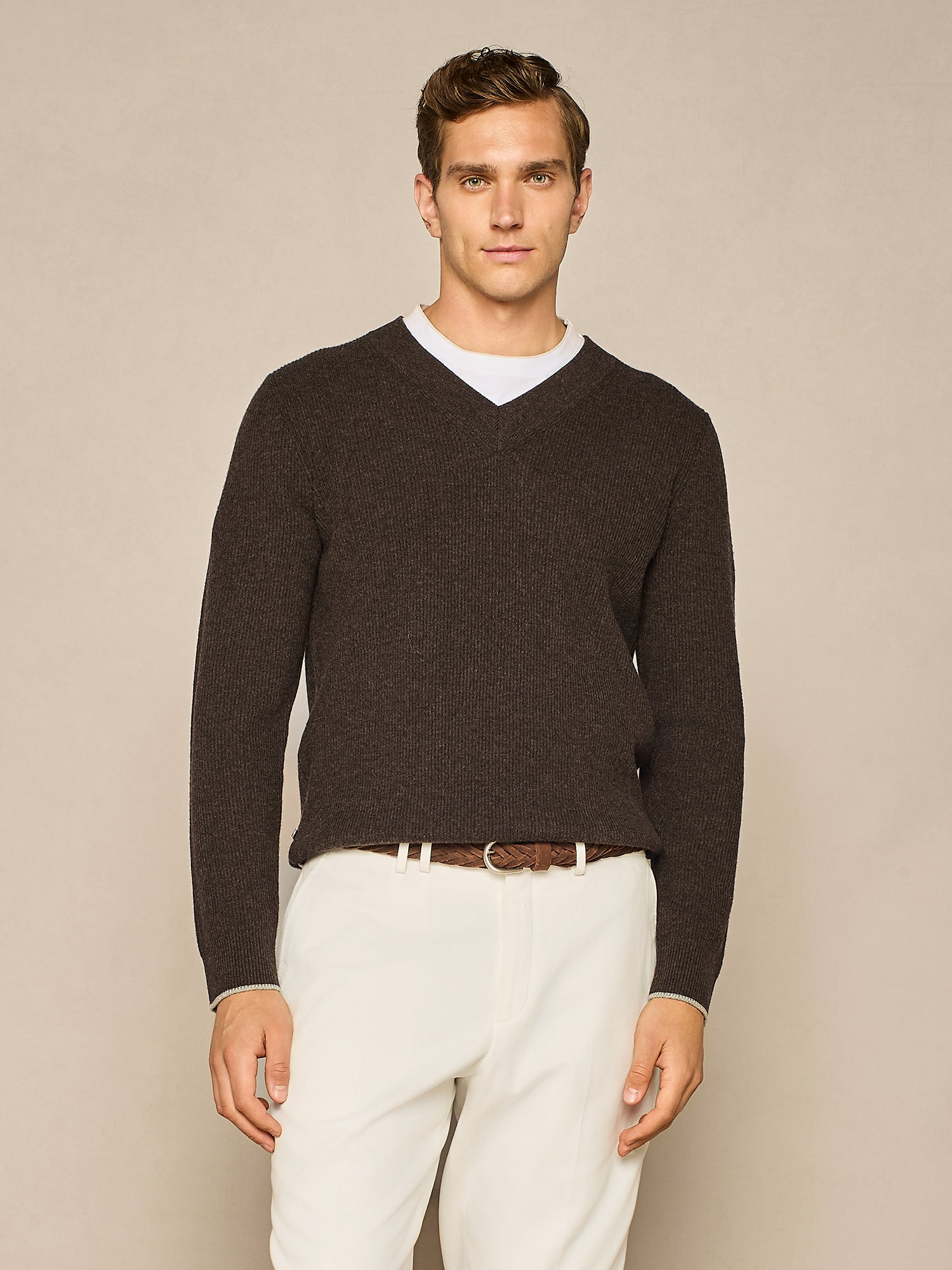 CHOCOLATE CASHMERE BLEND FULL CARDIGAN STITCHING SWEATER