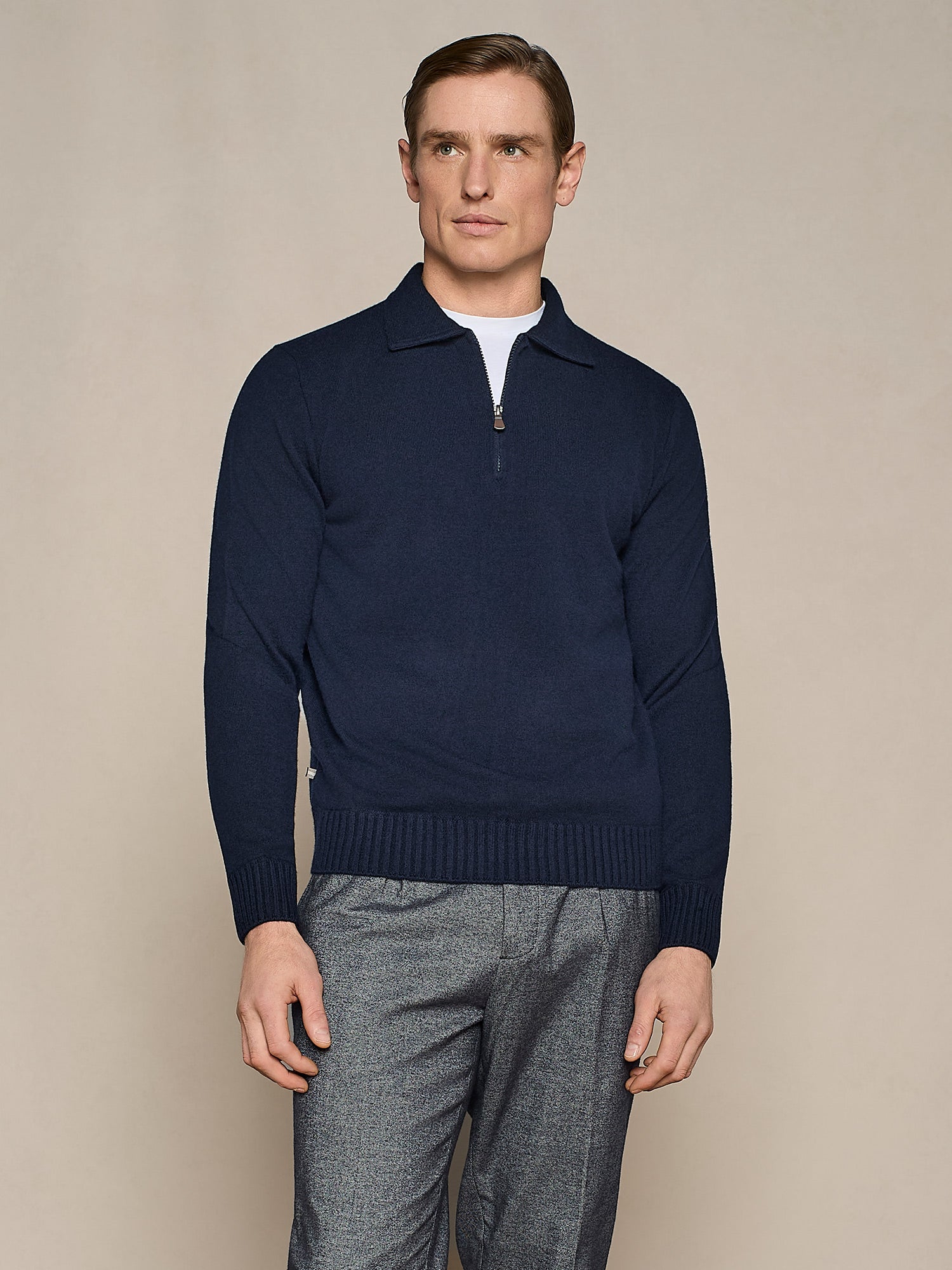 BLUE CASHMERE BLEND HALF ZIP POLO