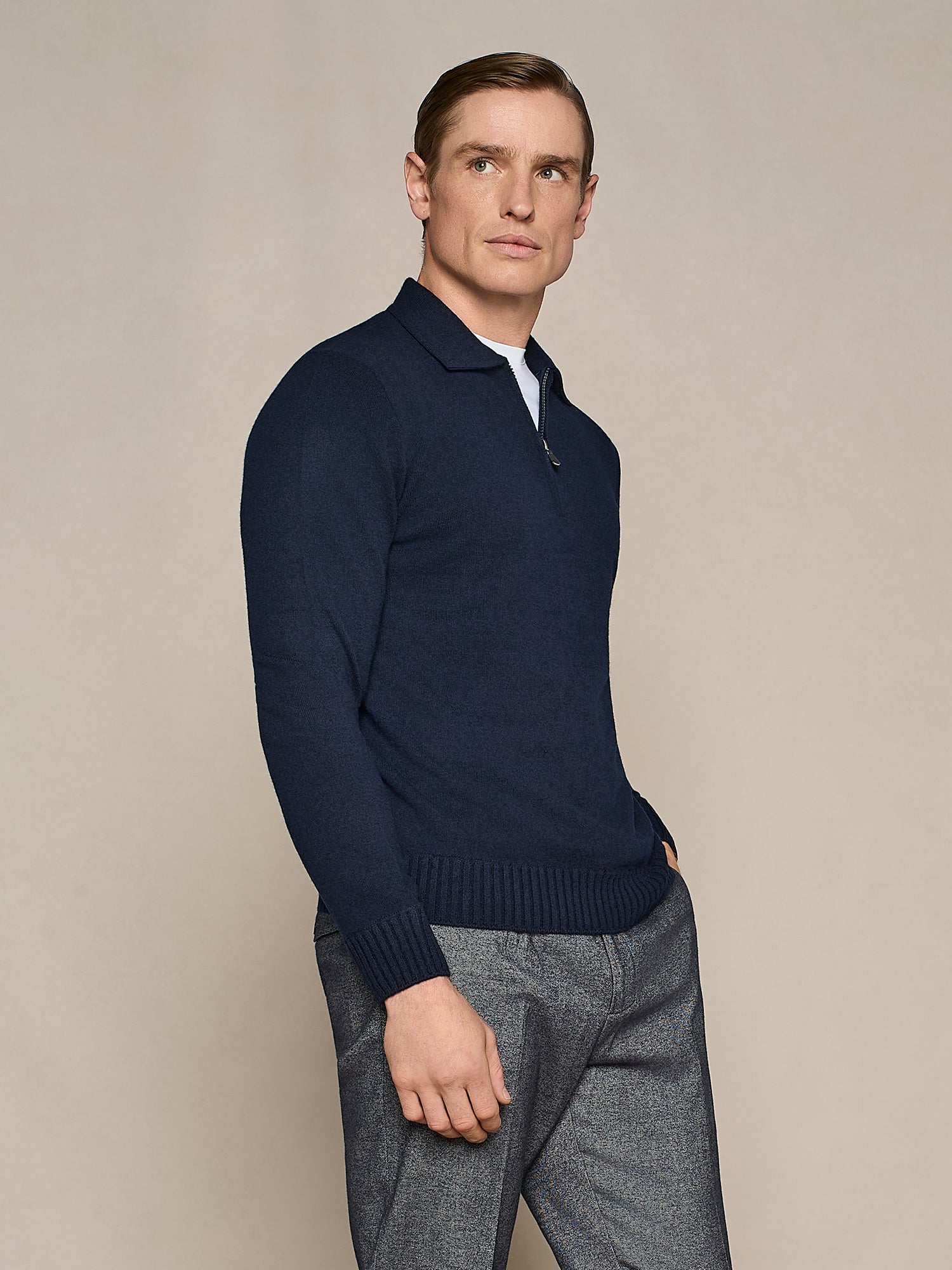 BLUE CASHMERE BLEND HALF ZIP POLO