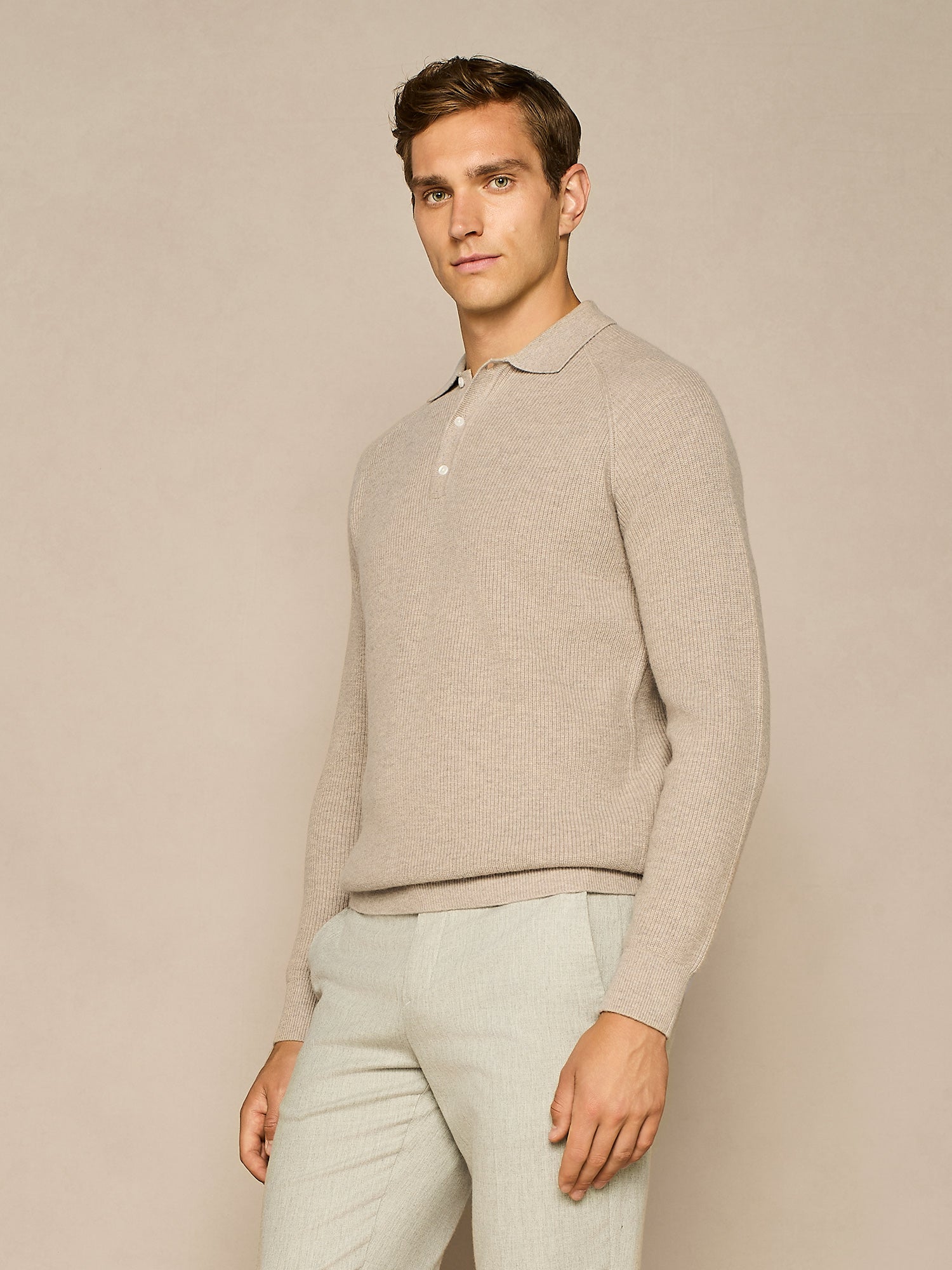 TAUPE WOOL BLEND HALF CARDIGAN POLO