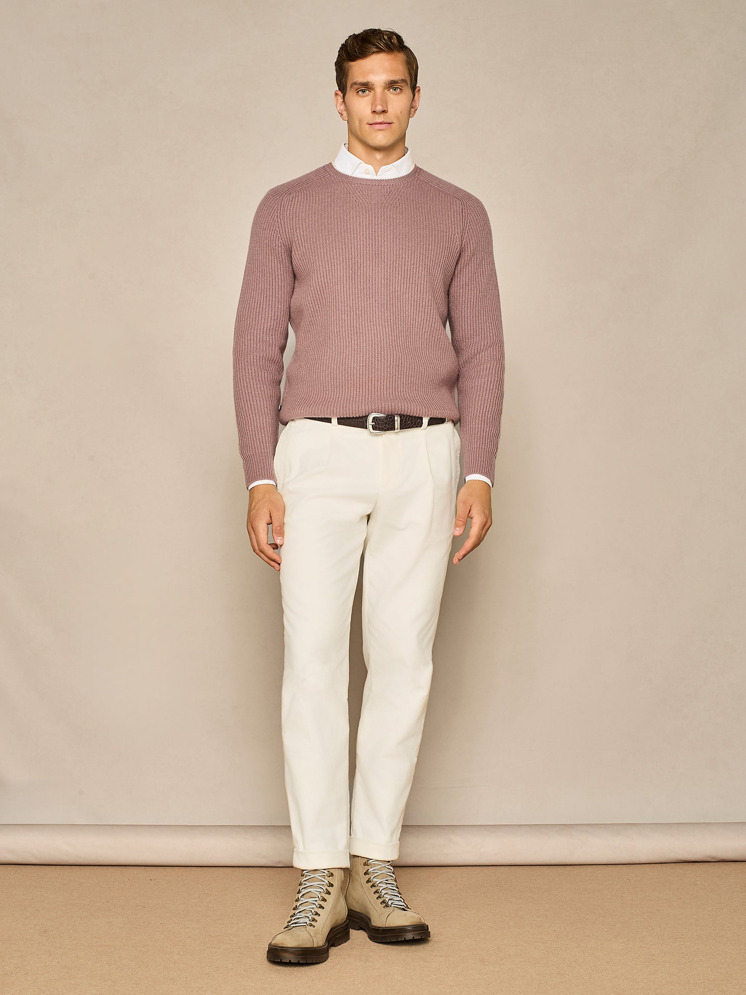 MAUVE FULL CARDIGAN STITCHING ROUND NECK SWEATER