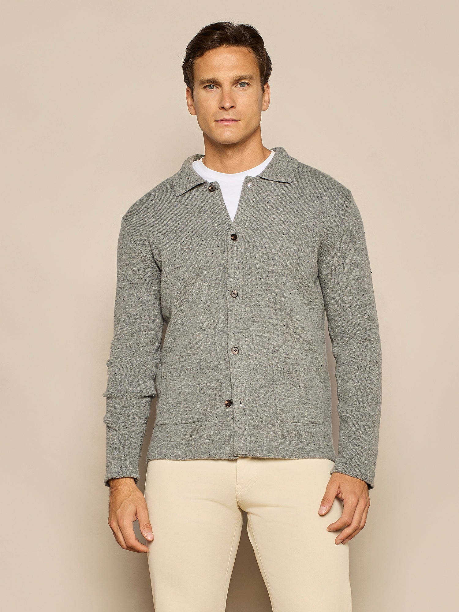 GREY MELANGE BUTTONED MERINO WOOL SHIRT