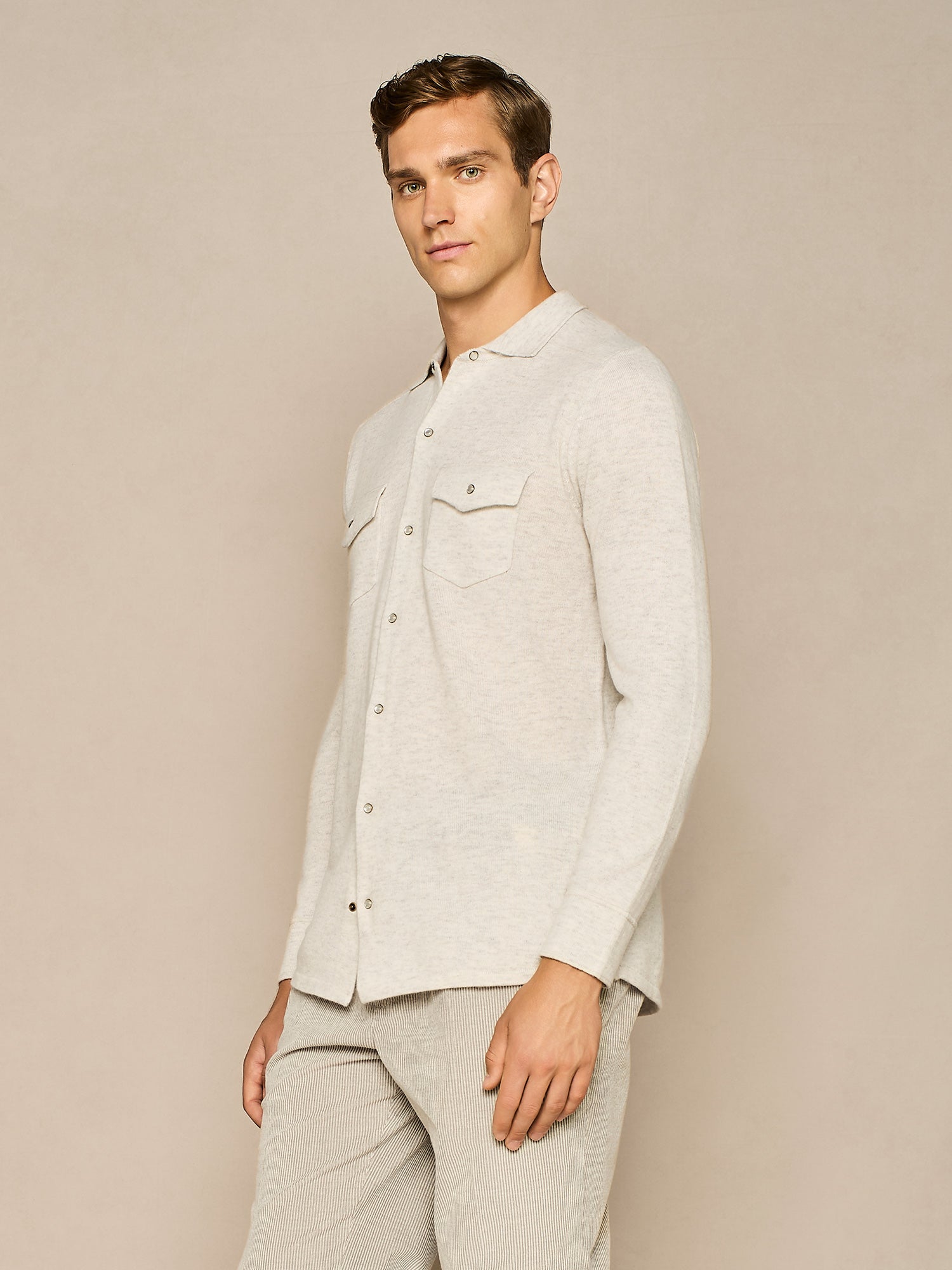 LIGHT GREY MELANGE KNITTED TEXAN SHIRT IN WOOL BLEND YARN