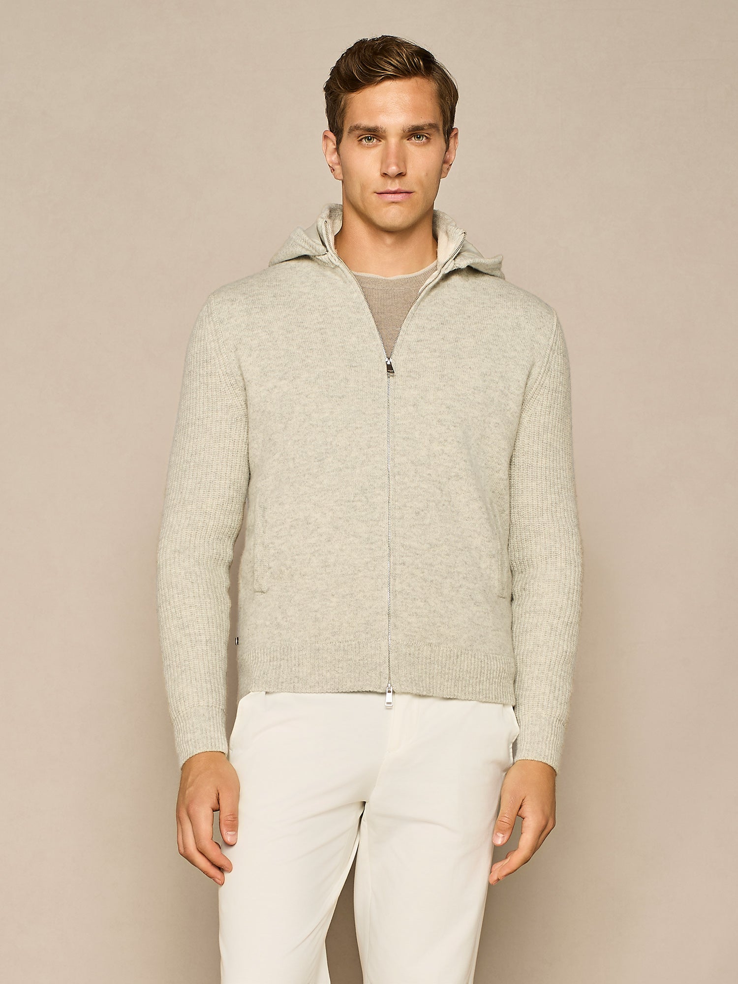 LIGHT GREY MELANGE ZIPPED SWEATER WITH DETATCHABLE HOOD