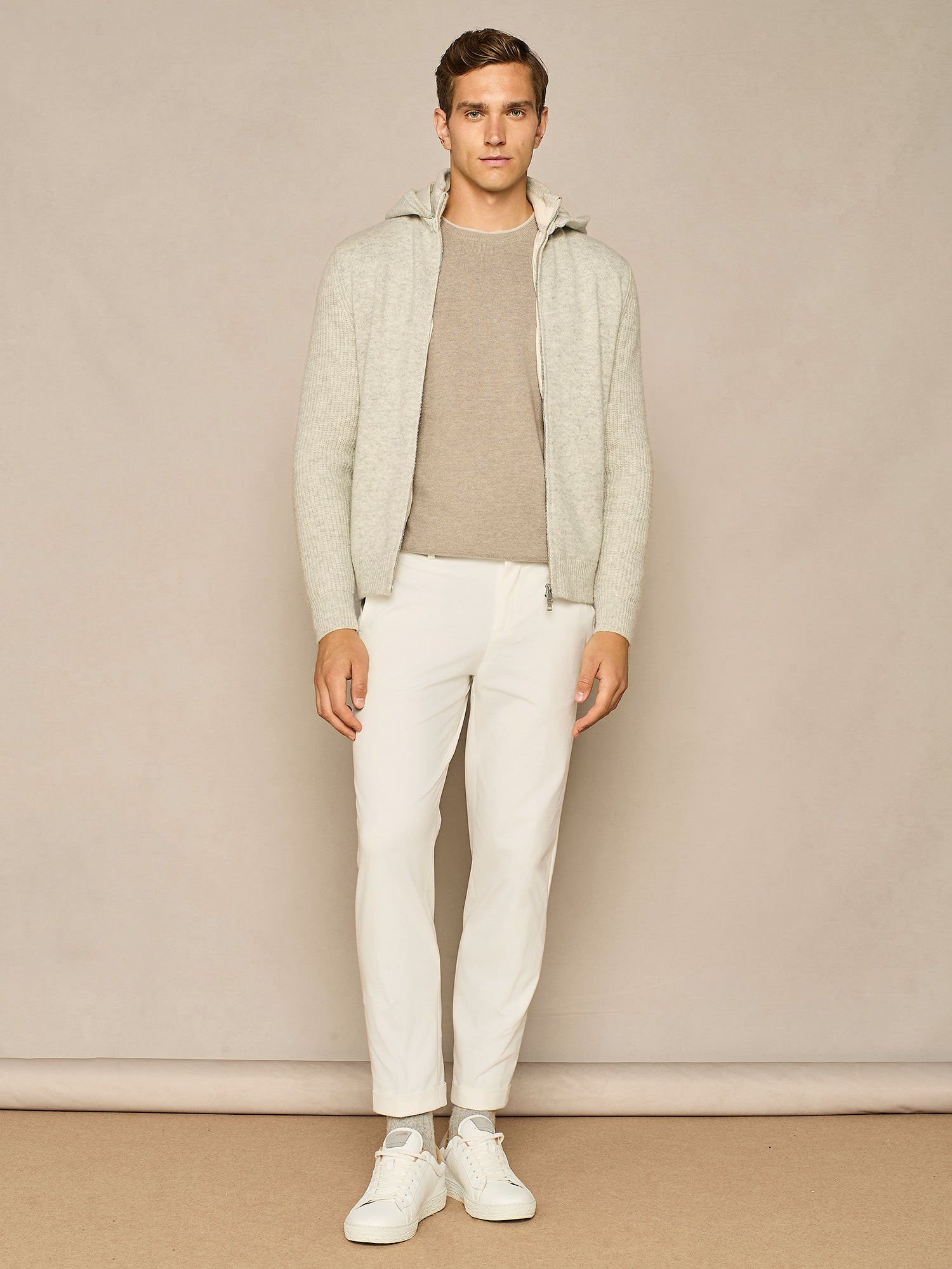 LIGHT GREY MELANGE ZIPPED SWEATER WITH DETATCHABLE HOOD