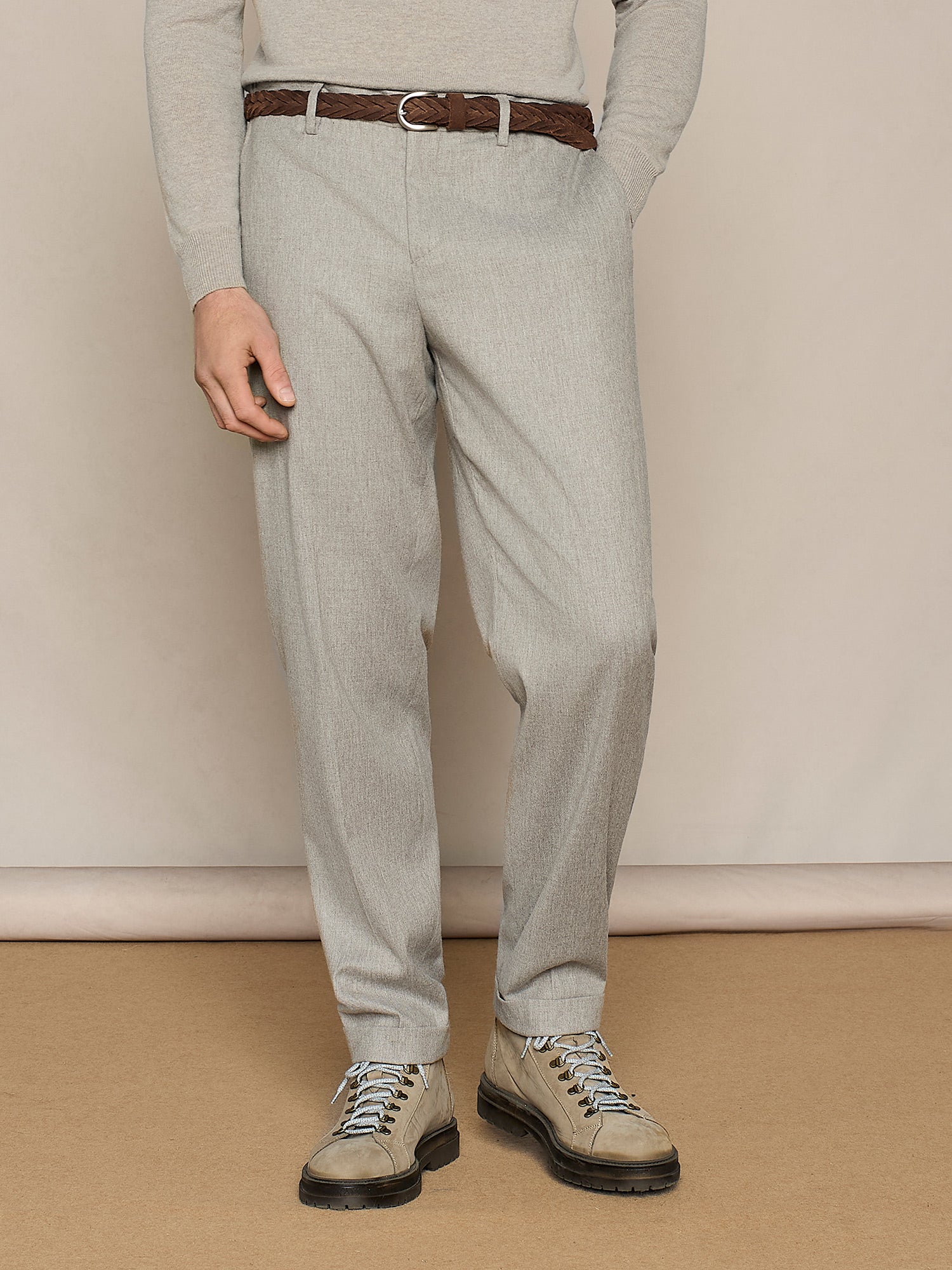 BEIGE FLANNEL WIDE FIT LACE-UP TROUSER