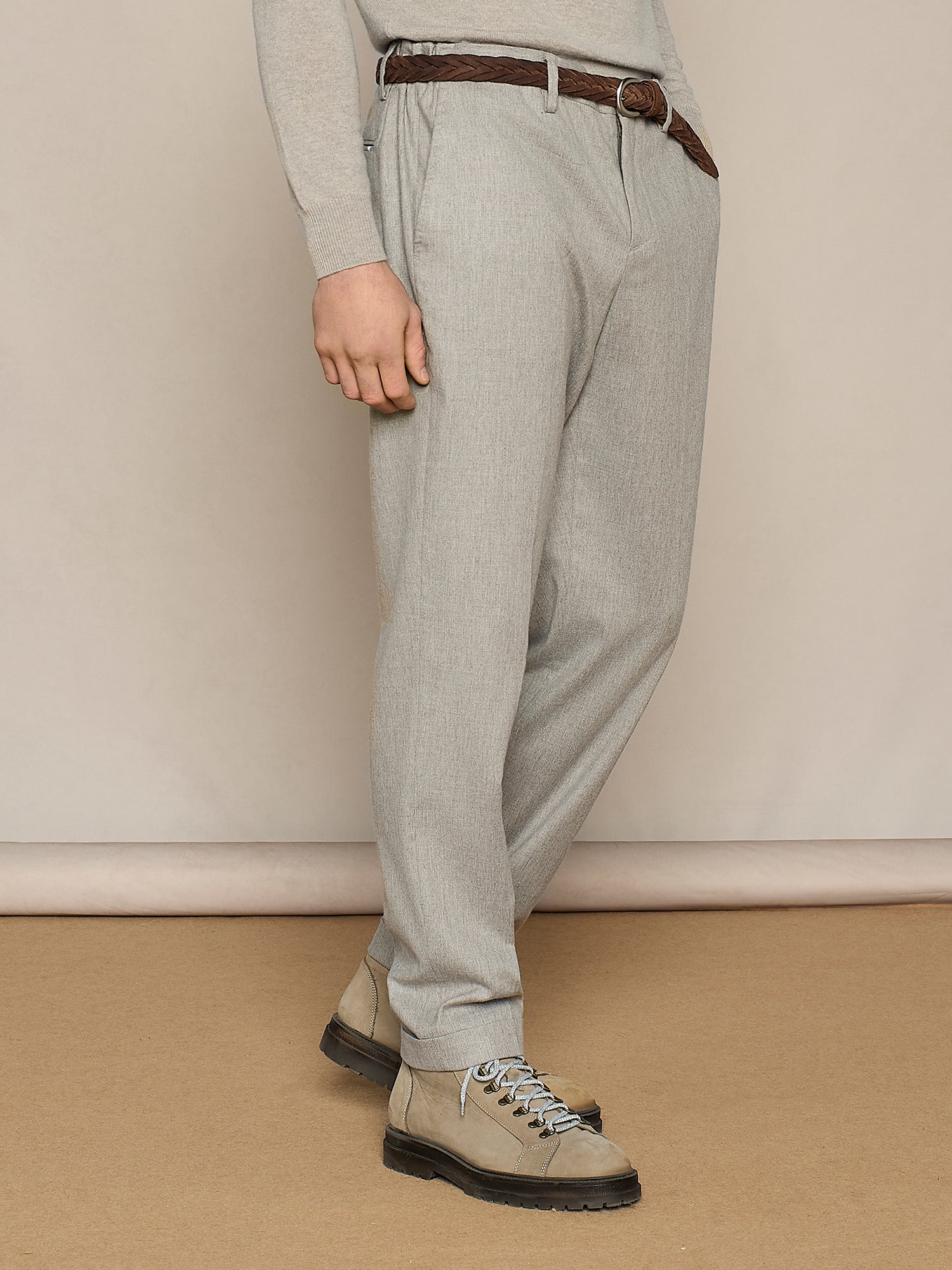 BEIGE FLANNEL WIDE FIT LACE-UP TROUSER