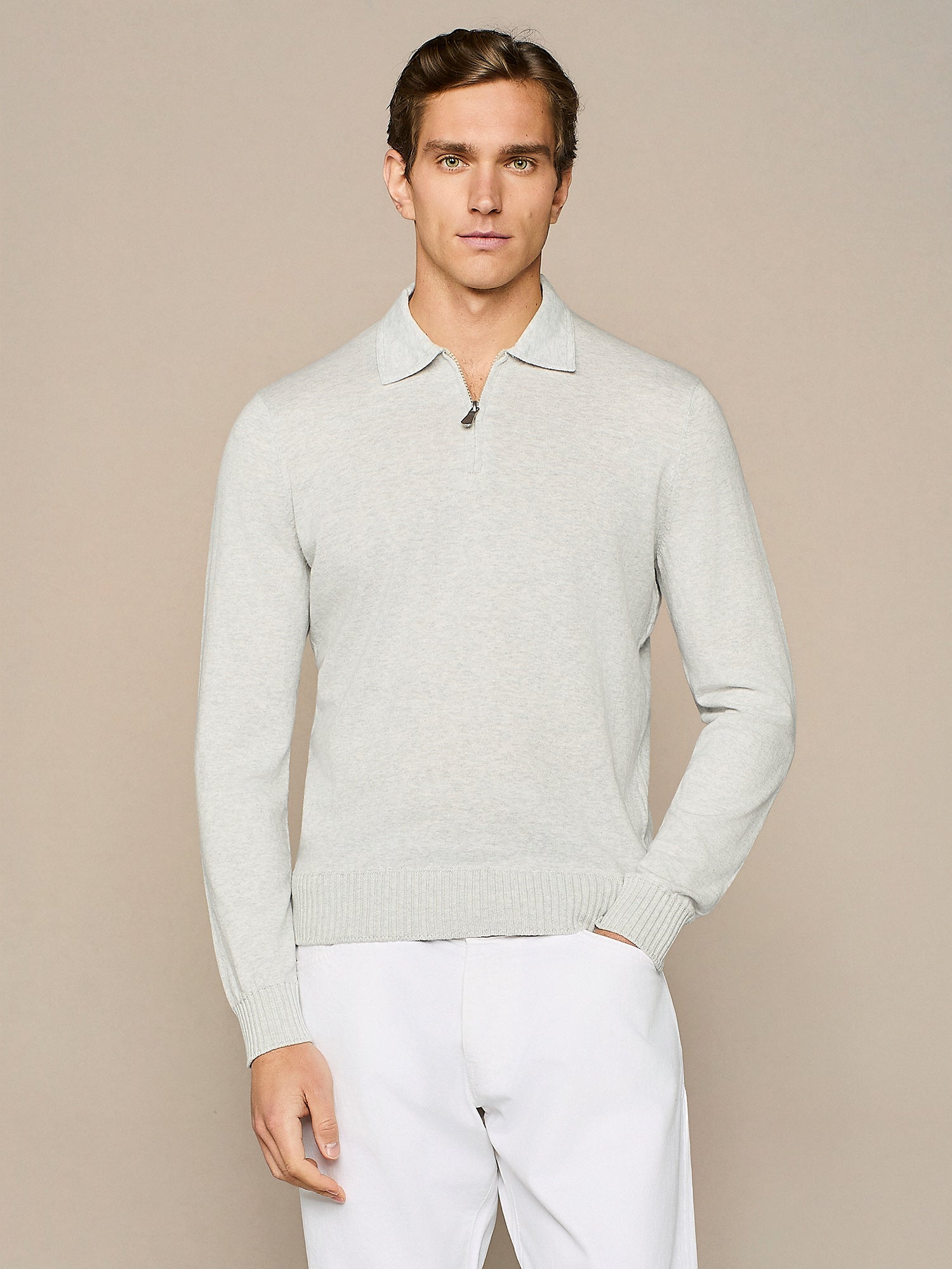 Light grey melange half zip polo