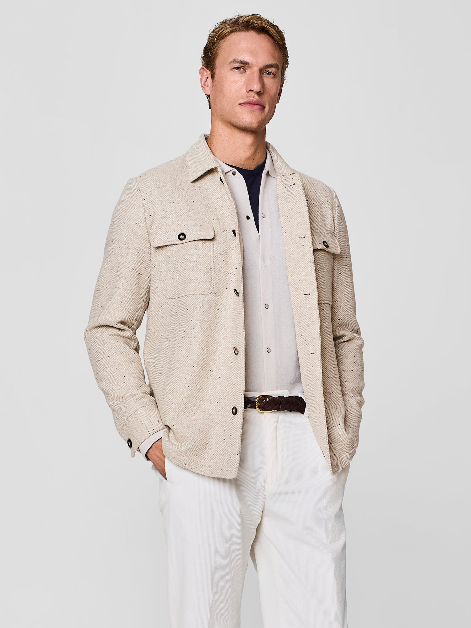 Overshirt  da uomo beige, con collo a camicia e chiusura con bottoni, Paul Taylor