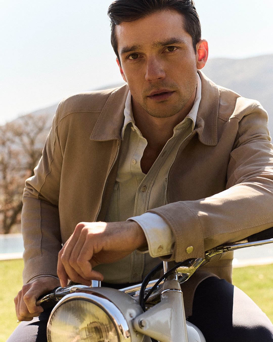 BEIGE REAL SUEDE JACKET WITH SHIRT COLLAR