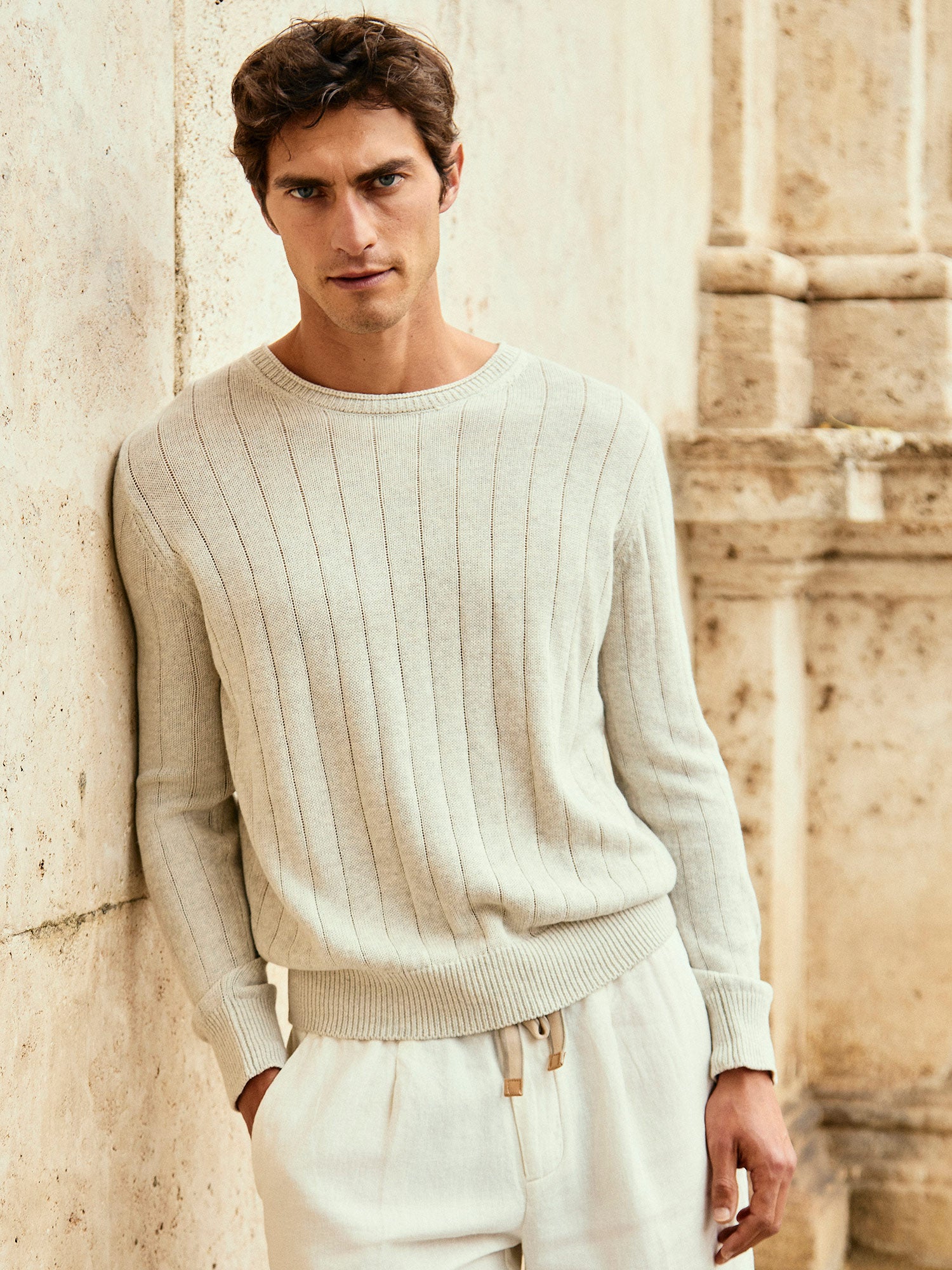 LIGHT GREY FLAT RIB KNITTED CREW NECK