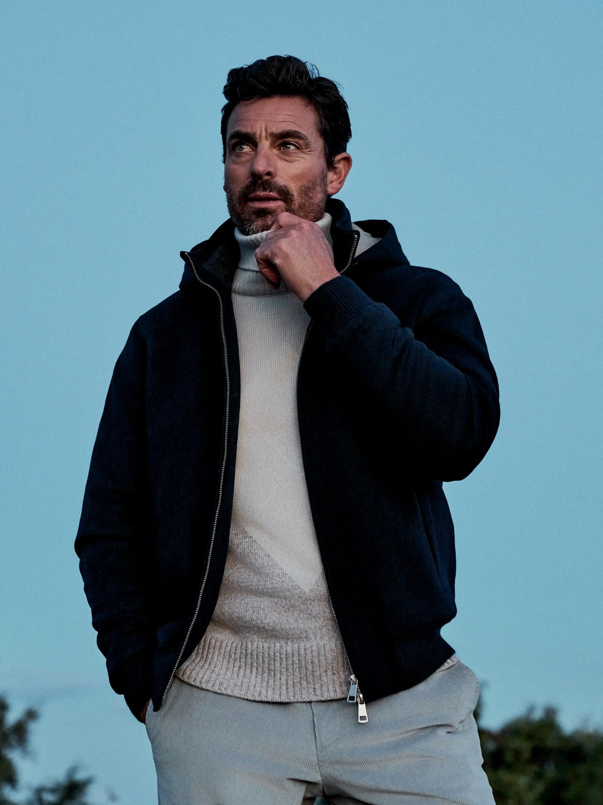Padded Wool Velour Bomber Jacket with Detachable Hood  Blue