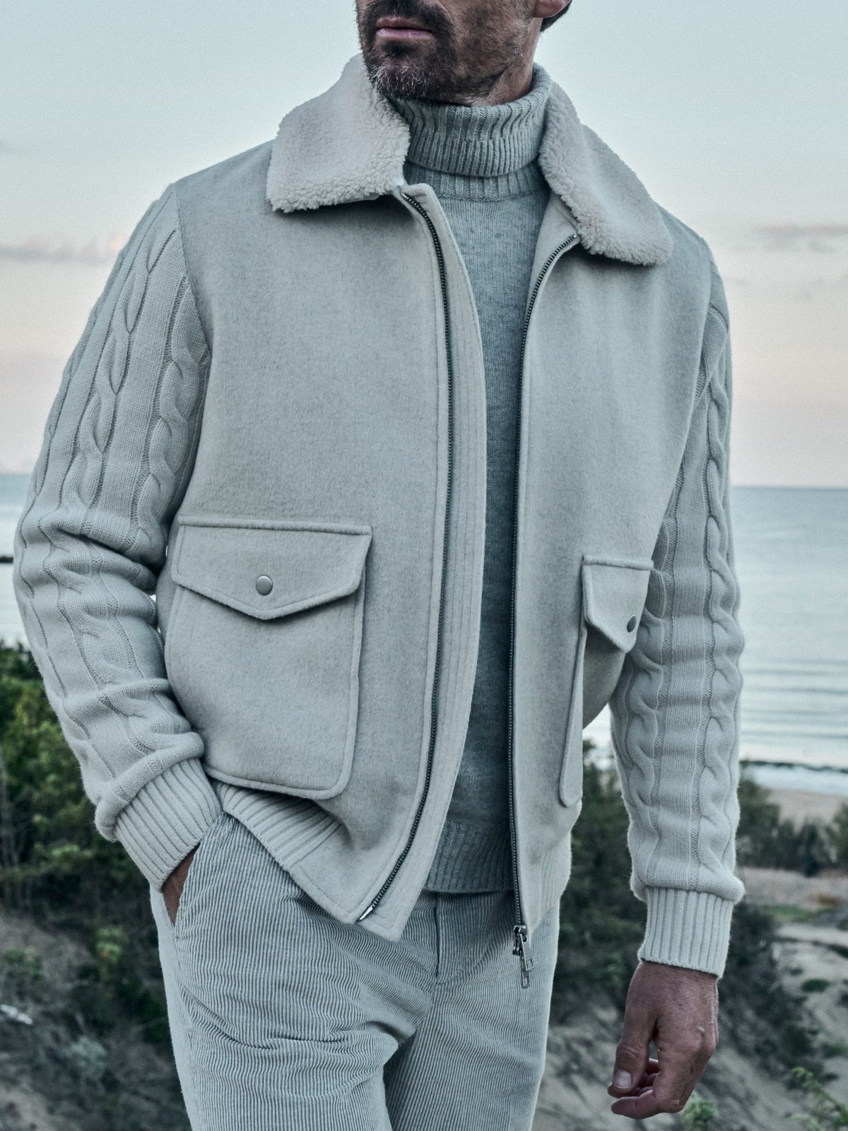 Butter wool blend bomber with eco-shearling collar and cable knitting sleeves